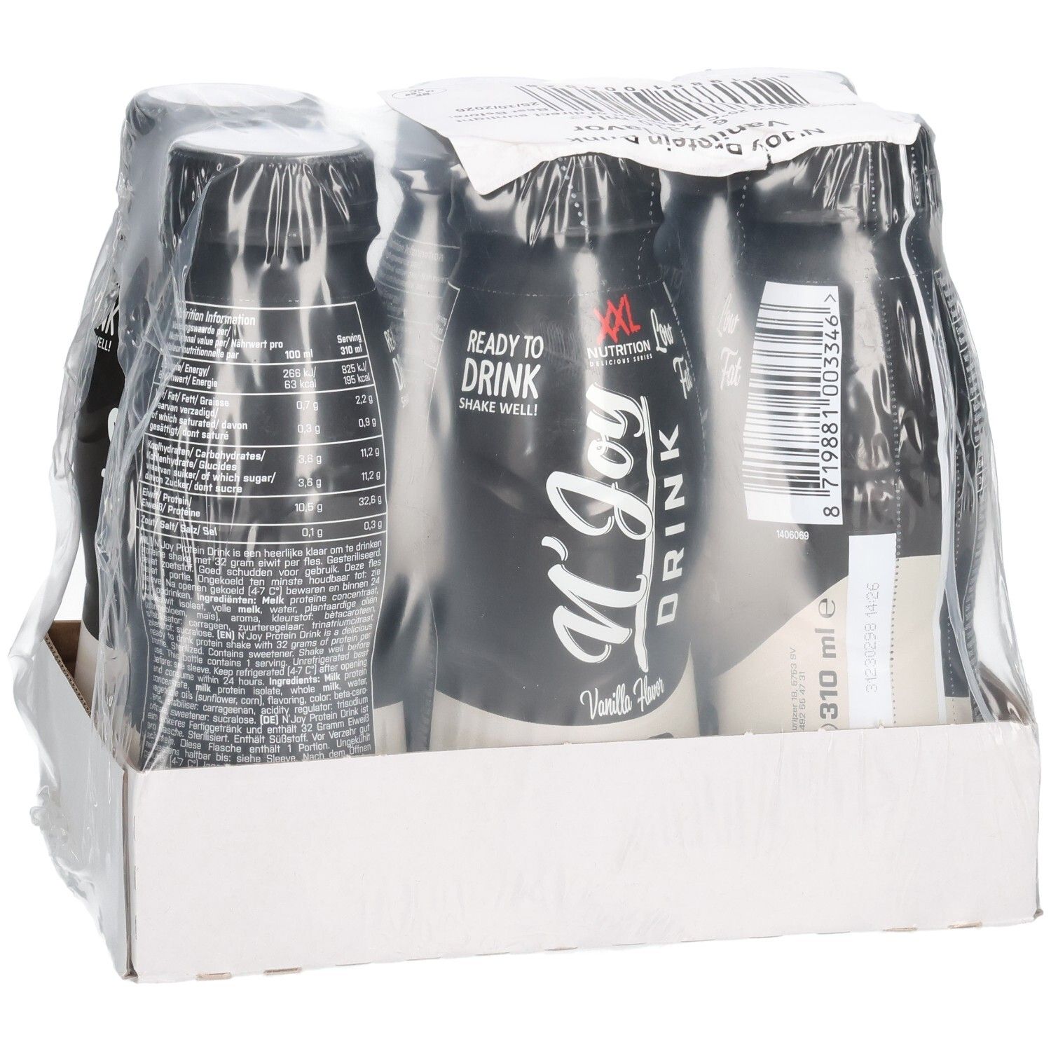 Emballage de six bouteilles de N'Joy Protein Drink, saveur vanille. Bouteilles noires avec étiquette blanche, emballées sous film.