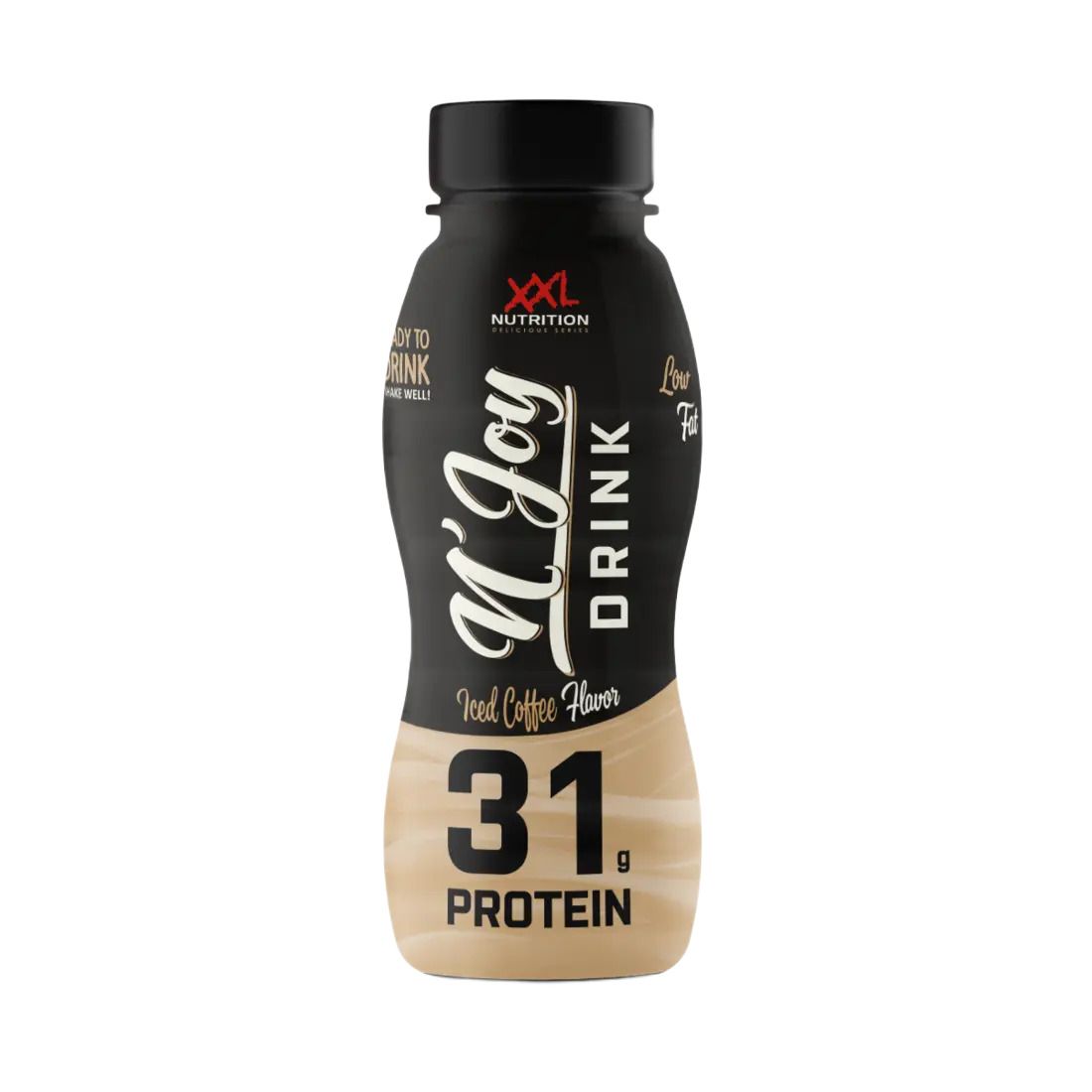 Bouteille unique de N'Joy Drink, Café Glacé. Bouteille noire avec étiquette blanche. Contient 31g de protéines.