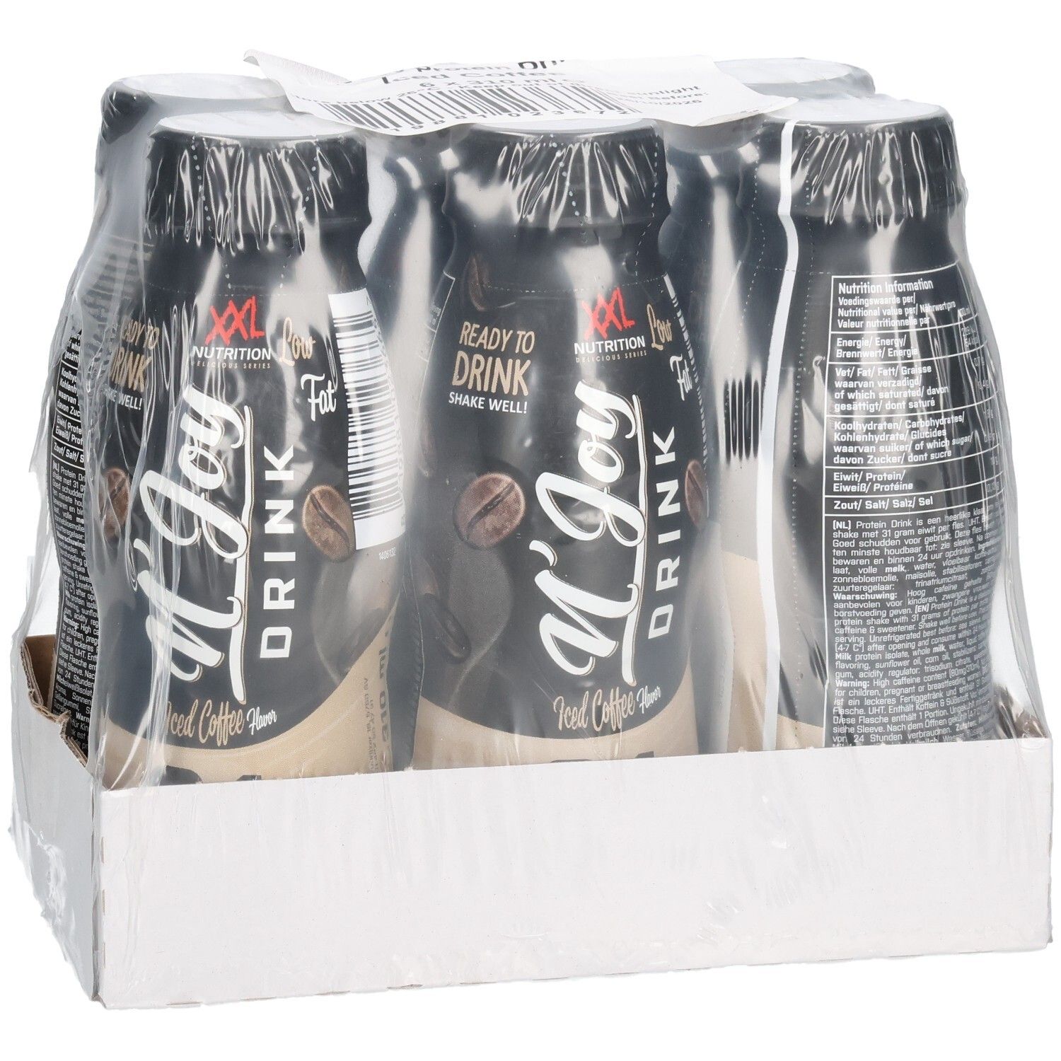 Emballage de six bouteilles N'Joy Drink, Café Glacé. Bouteilles noires avec étiquette blanche, emballées sous film, dans une boîte.