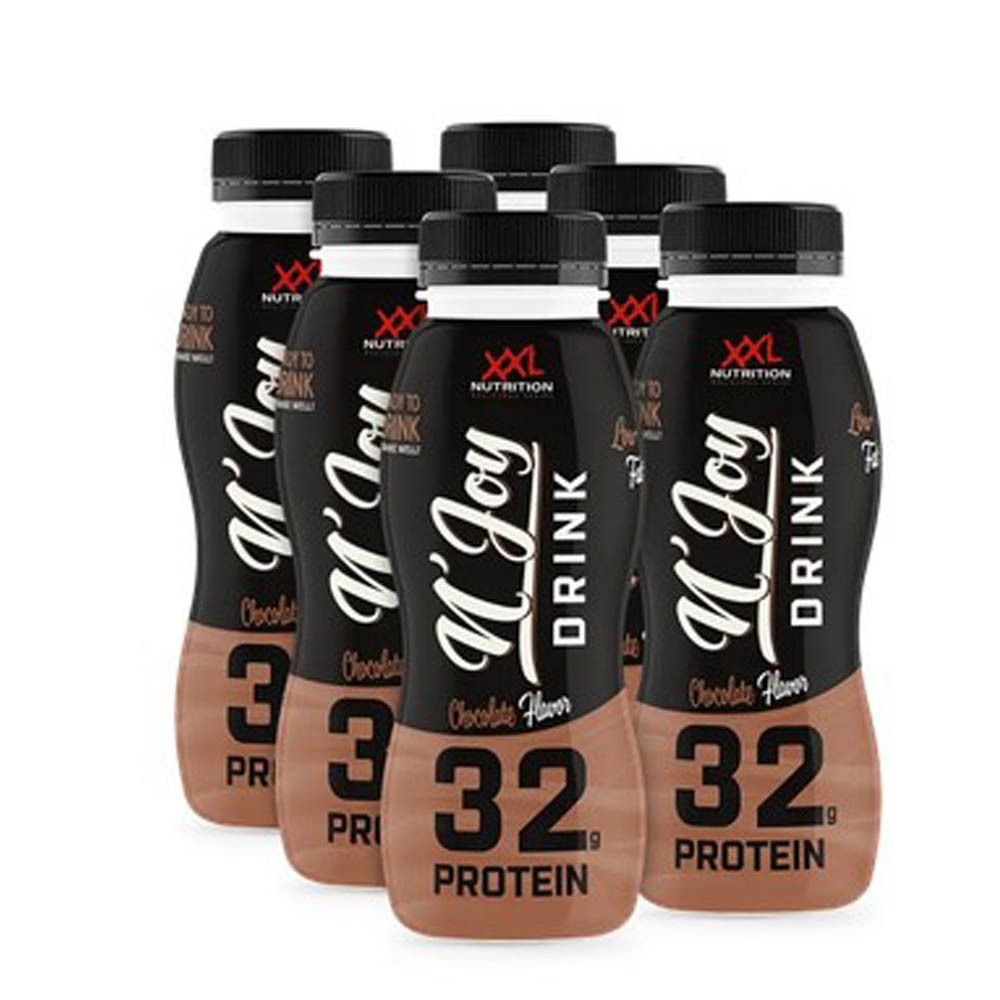 Six bouteilles N'Joy Drink. Bouteilles noires avec texte blanc. Inscription : 32g Protein, Chocolate Flavor.