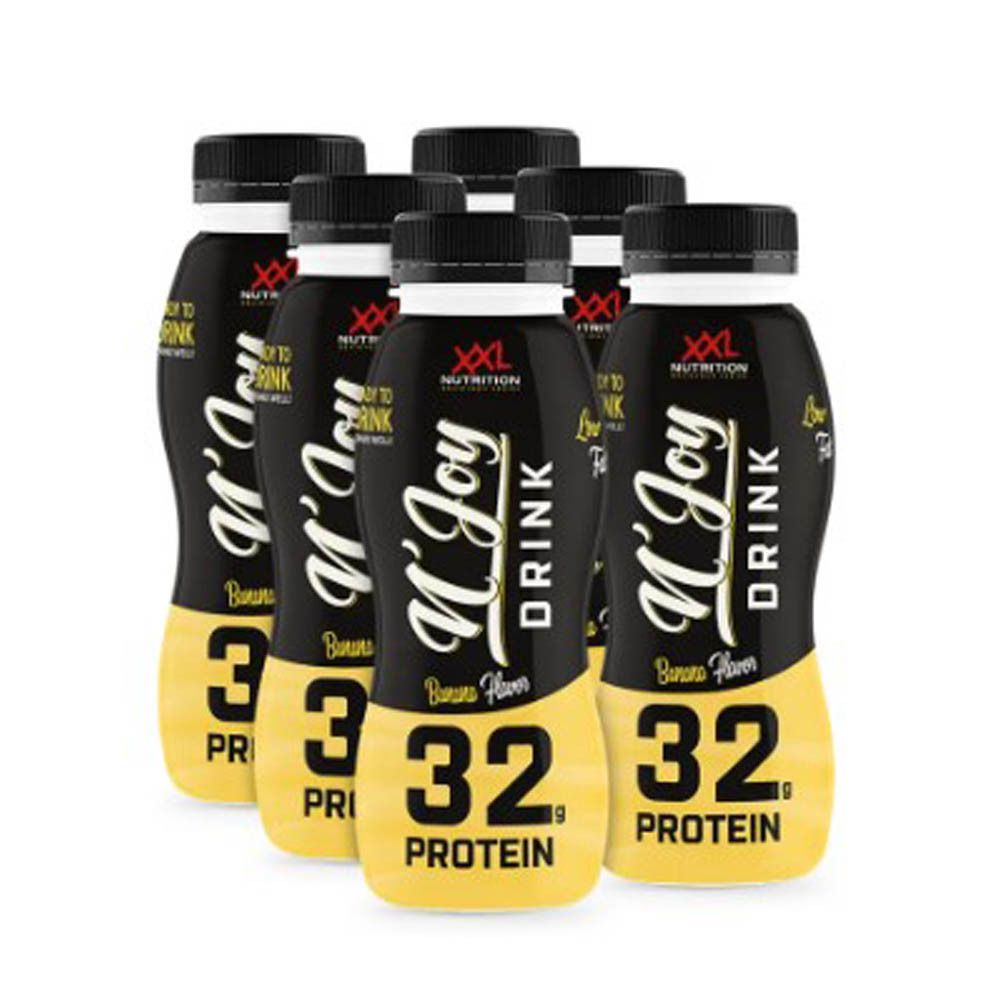 Sept bouteilles N'Joy Drink. Bouteilles noires avec étiquettes jaunes. Inscription : XXL Nutrition, N'Joy Drink, 32 Protein.