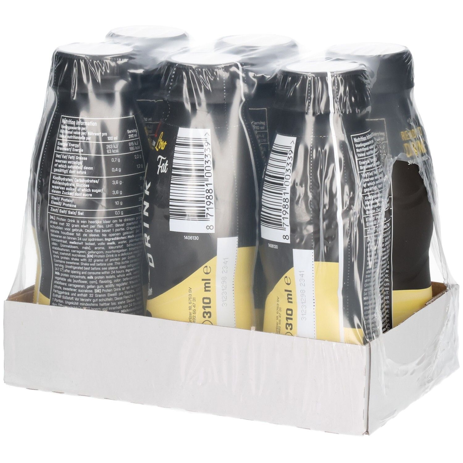 Six bouteilles N'Joy Drink emballées dans un carton. Bouteilles noires avec étiquettes jaunes. Plastique transparent enveloppe les bouteilles.