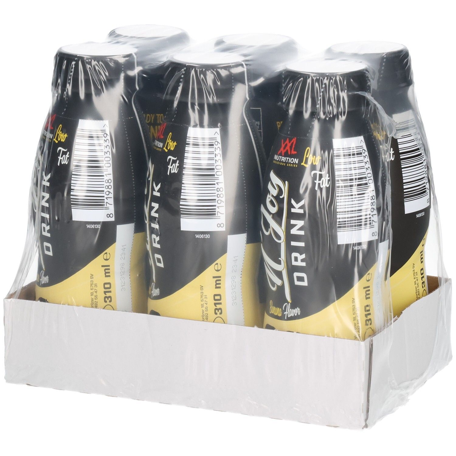 Six bouteilles N'Joy Drink emballées dans un carton. Bouteilles noires avec étiquettes jaunes. Plastique transparent enveloppe les bouteilles.