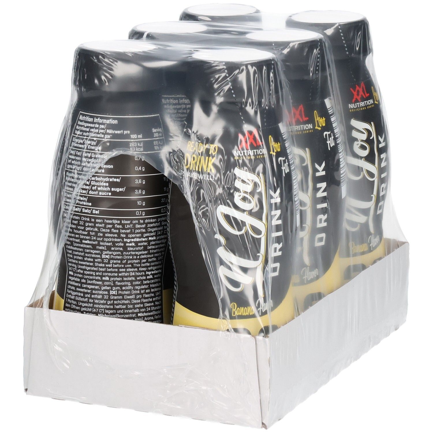 Six bouteilles N'Joy Drink emballées dans un carton. Bouteilles noires avec étiquettes jaunes. Plastique transparent enveloppe les bouteilles.