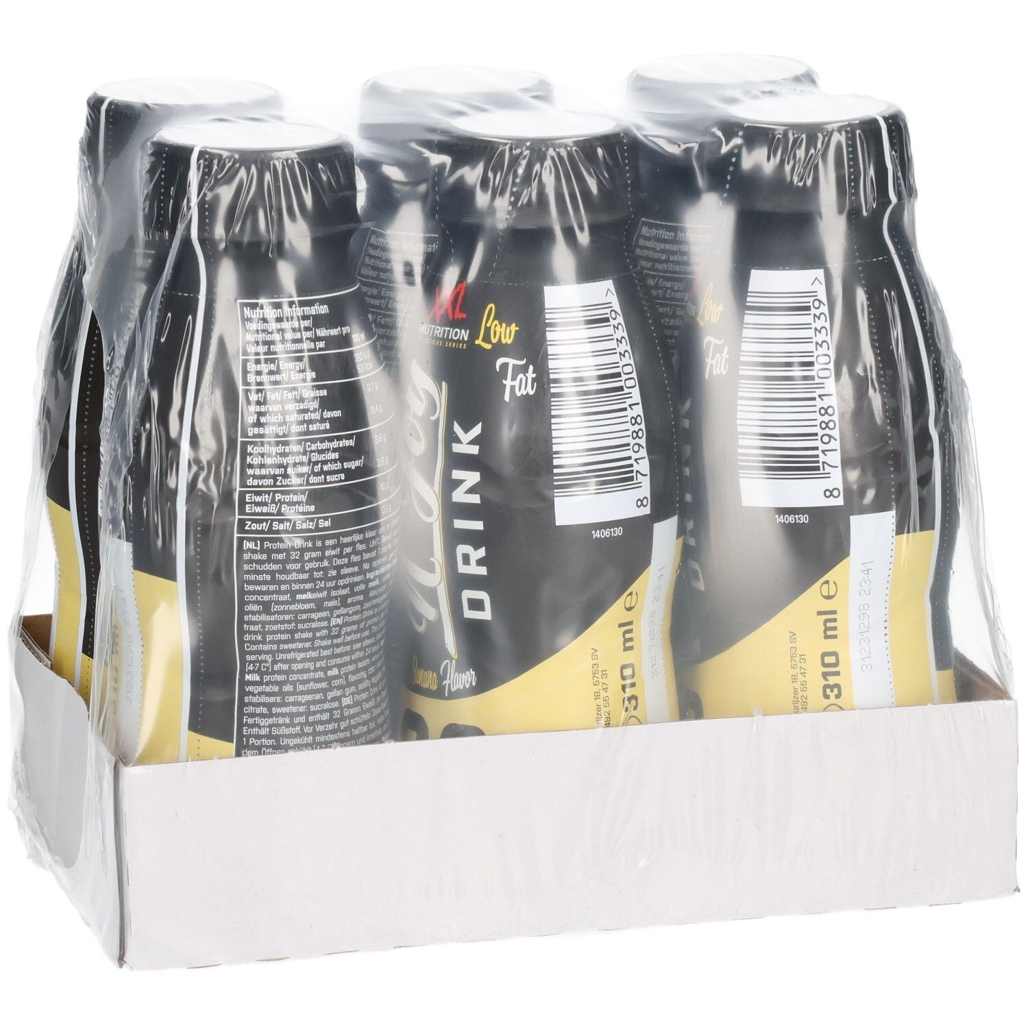 Six bouteilles N'Joy Drink emballées dans un carton. Bouteilles noires avec étiquettes jaunes. Plastique transparent enveloppe les bouteilles.