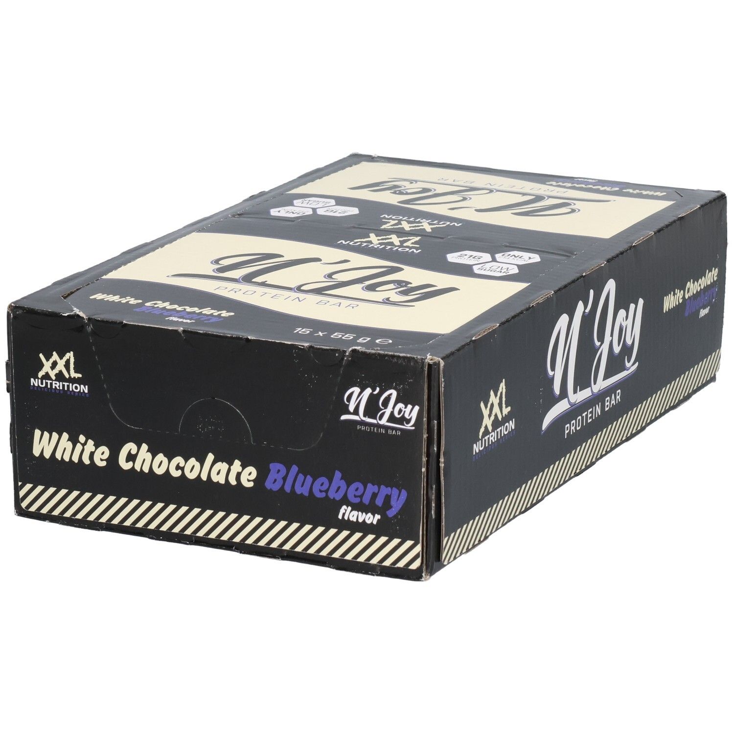 Boîte de barres protéinées. Inscription : N'Joy Protein Bar, Chocolat blanc myrtille. Marque : XXL Nutrition.