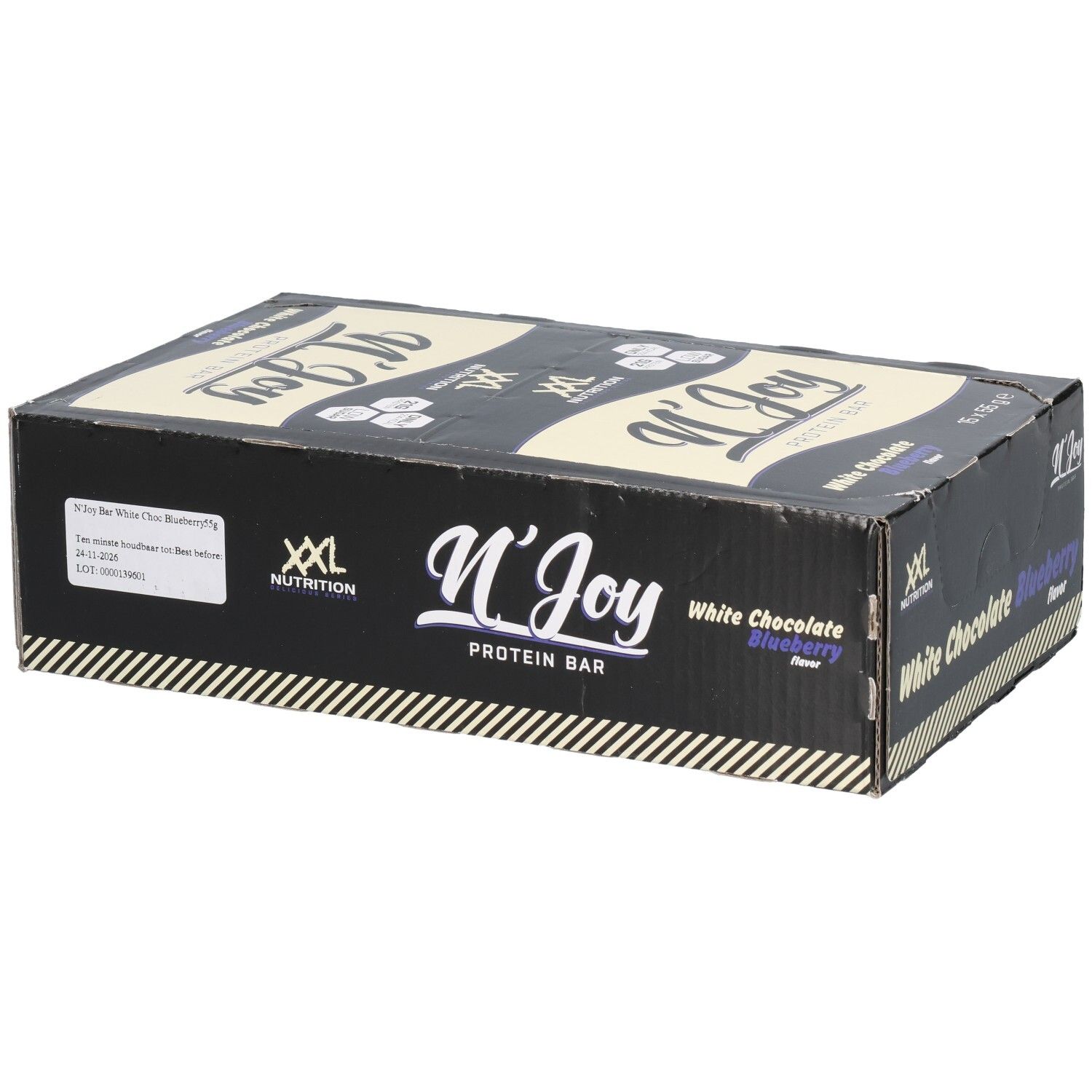 Boîte de barres protéinées. Inscription : N'Joy Protein Bar, Chocolat blanc myrtille. Marque : XXL Nutrition.