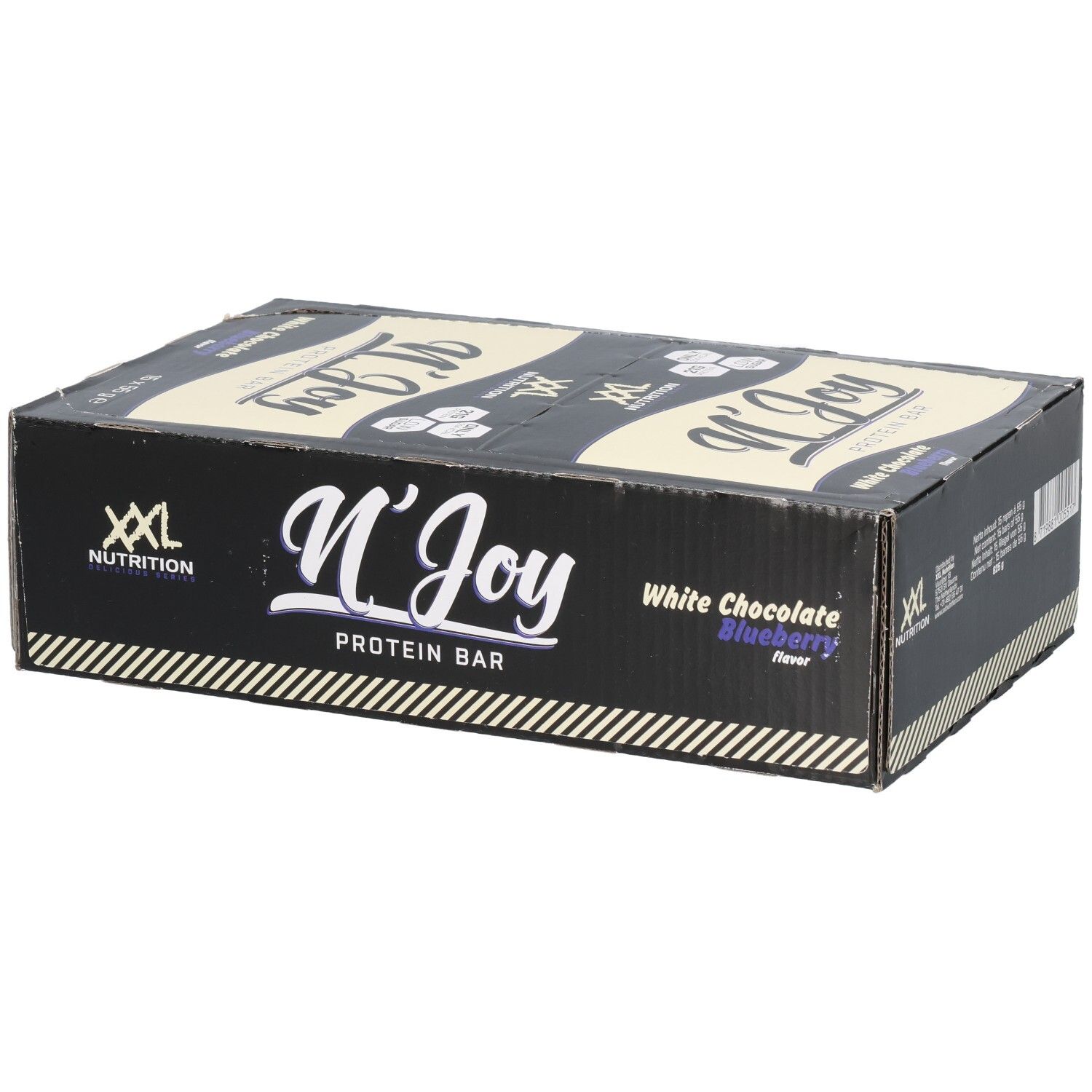 Boîte de barres protéinées. Inscription : N'Joy Protein Bar, Chocolat blanc myrtille. Marque : XXL Nutrition.