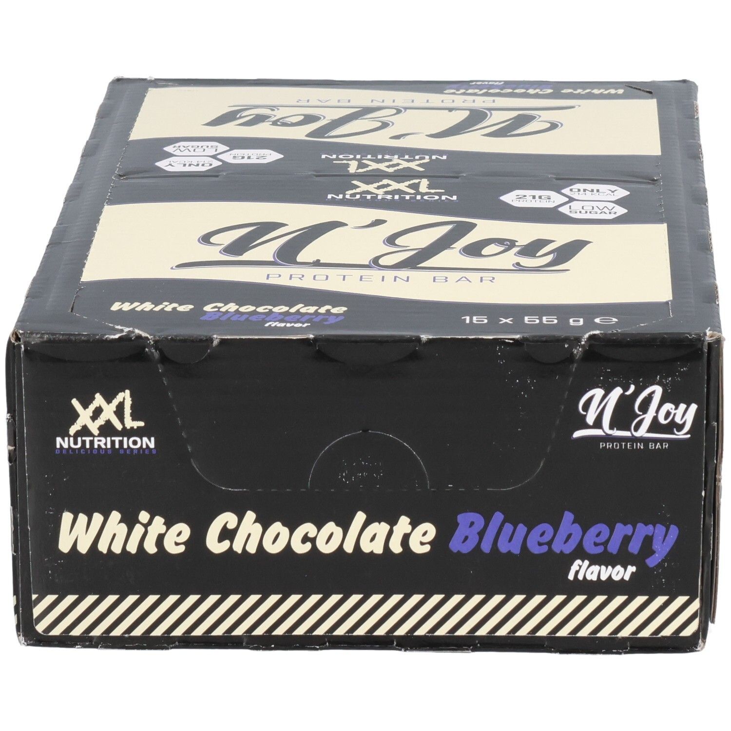 Boîte de barres protéinées. Inscription : N'Joy Protein Bar, Chocolat blanc myrtille. Marque : XXL Nutrition.