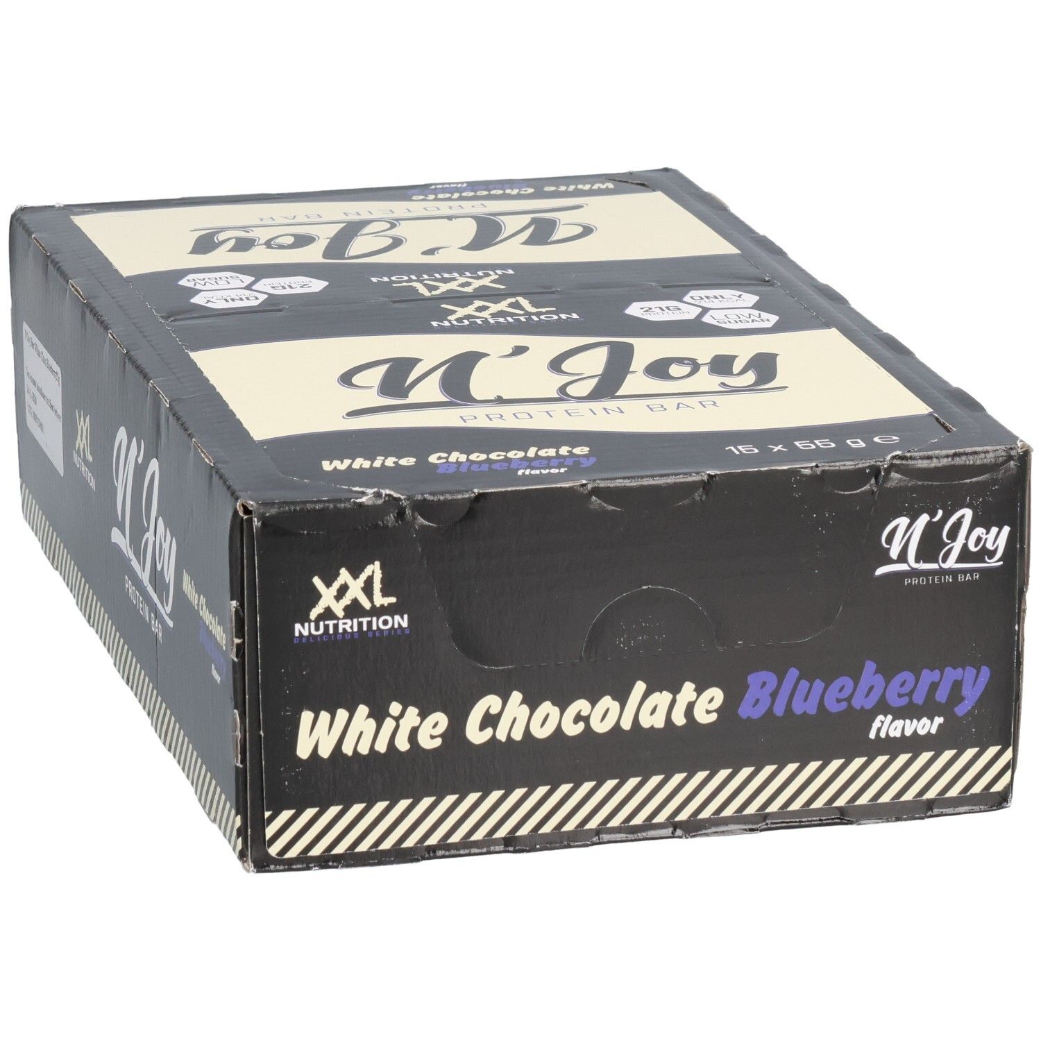 Boîte de barres protéinées. Inscription : N'Joy Protein Bar, Chocolat blanc myrtille. Marque : XXL Nutrition.