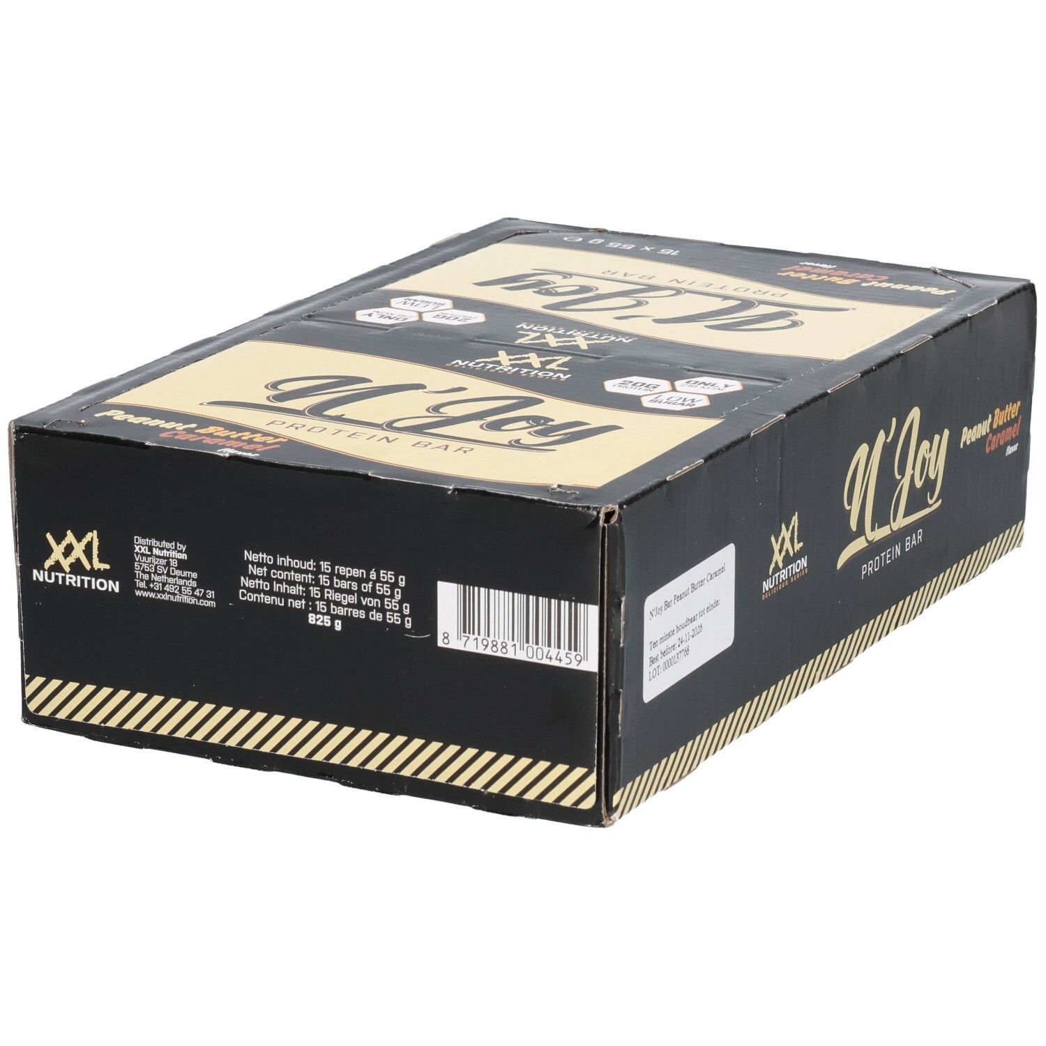 Boîte noire de barres protéinées N'Joy XXL Nutrition. Saveur beurre de cacahuète caramel. Contient 15 barres.