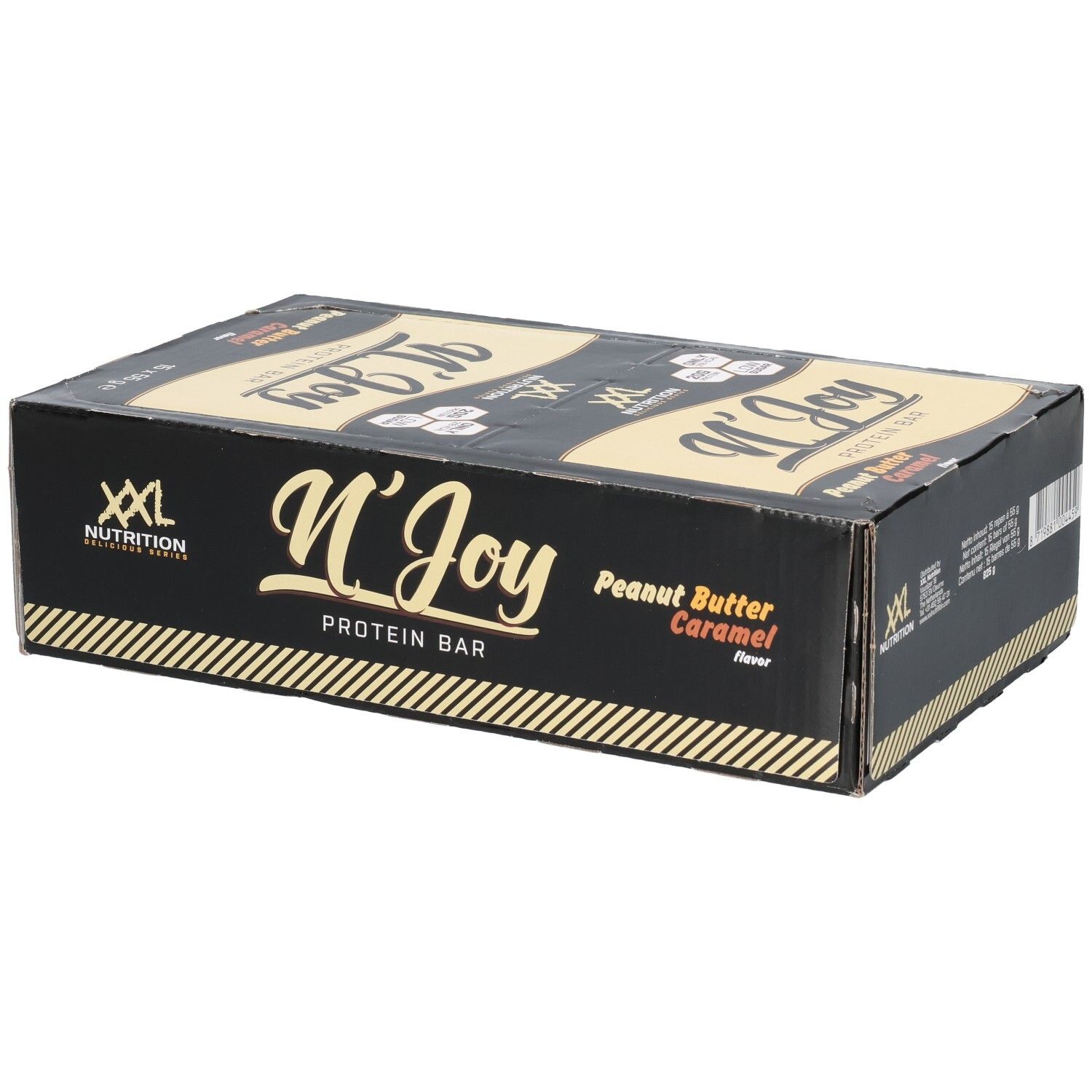 Boîte noire de barres protéinées N'Joy XXL Nutrition. Saveur beurre de cacahuète caramel. 15 barres.