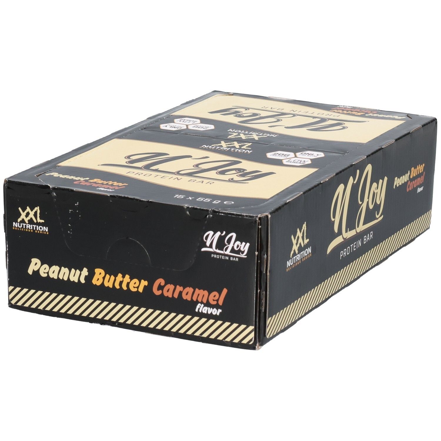 Boîte noire de barres protéinées N'Joy XXL Nutrition. Saveur beurre de cacahuète caramel. 15 barres.