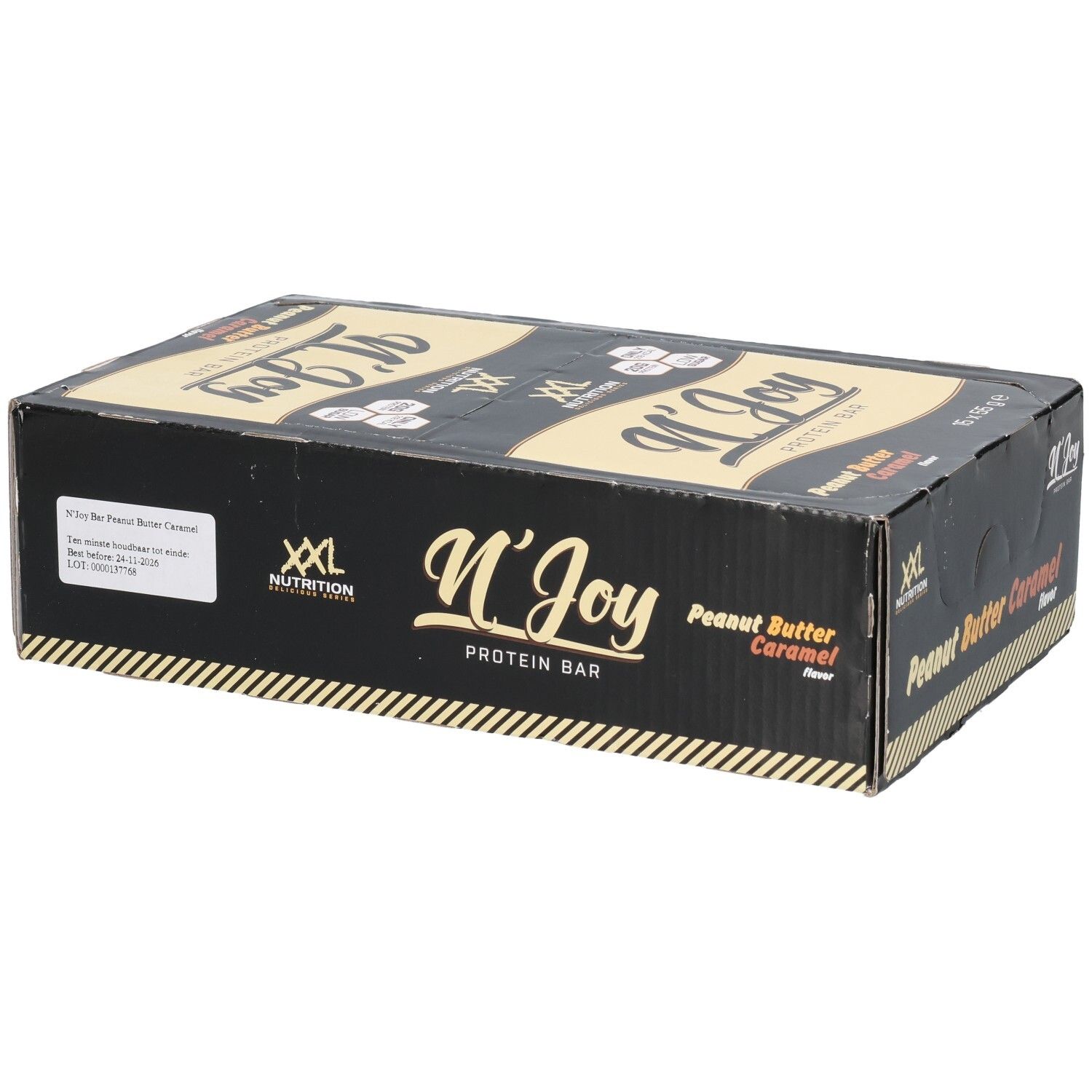 Boîte noire de barres protéinées N'Joy XXL Nutrition. Saveur beurre de cacahuète caramel. 15 barres.