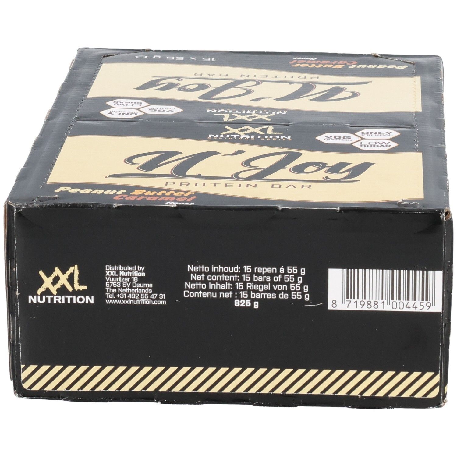Boîte noire de barres protéinées N'Joy XXL Nutrition. Saveur beurre de cacahuète caramel. 15 barres.