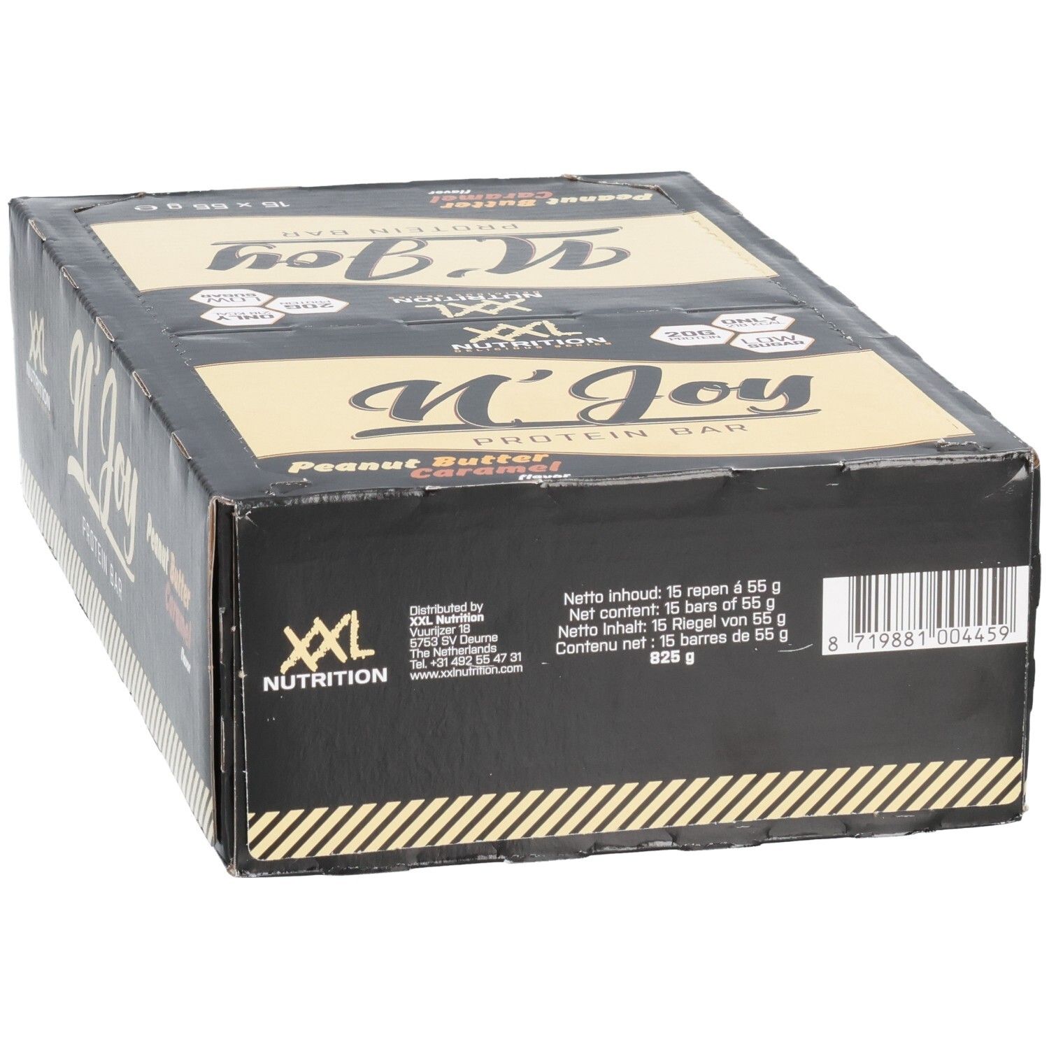 Boîte noire de barres protéinées N'Joy XXL Nutrition. Saveur beurre de cacahuète caramel. 15 barres.