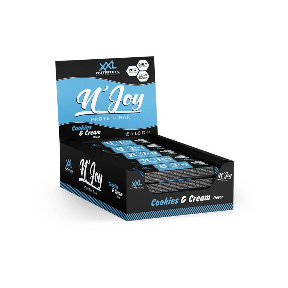 Boîte de barres protéinées. Inscription: XXL Nutrition, N'Joy Protein Bar Cookies & Cream. Accents bleus et blancs. 16 barres.