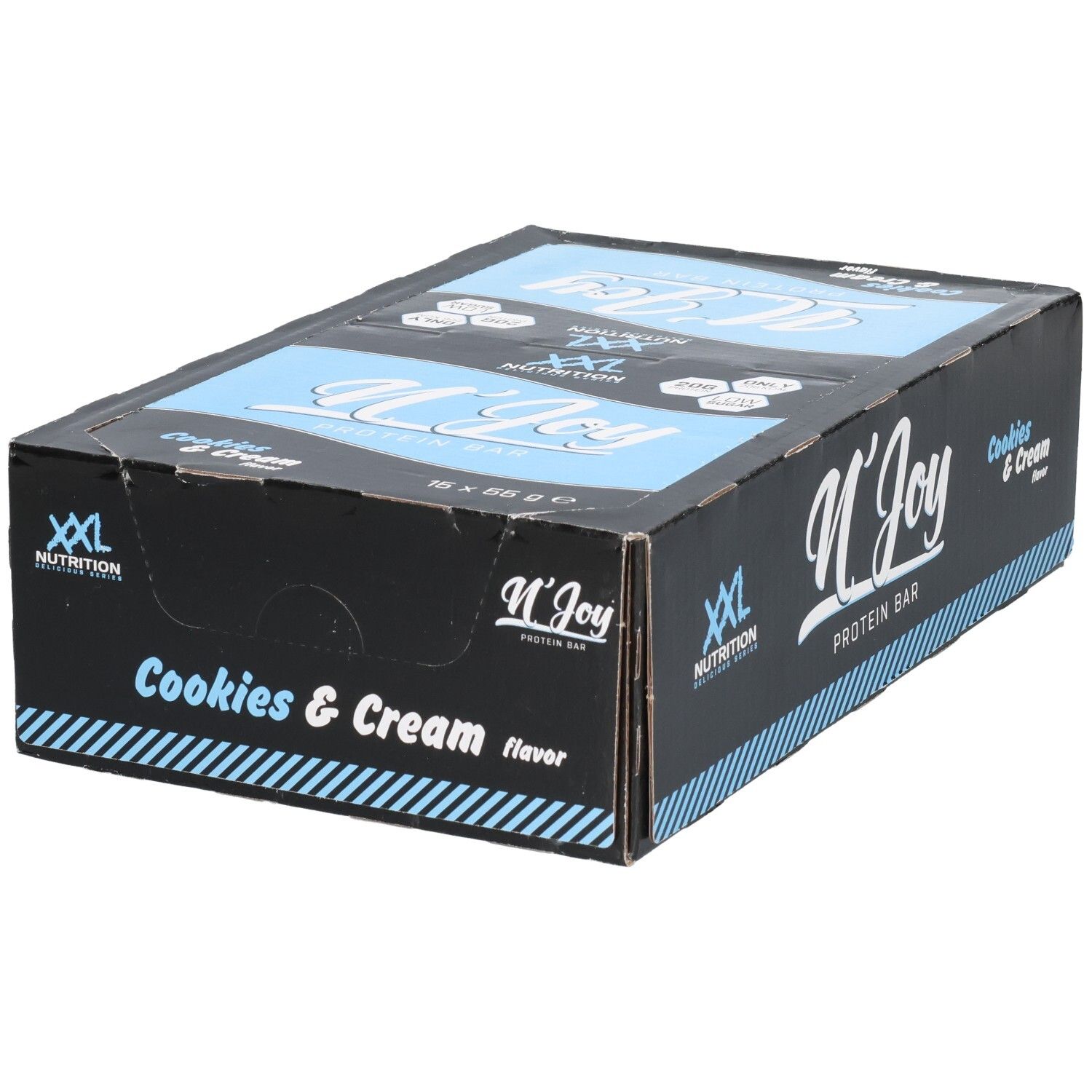 Boîte noire de barres protéinées. Inscription: XXL Nutrition, N'Joy Protein Bar Cookies & Cream. Accents bleus et blancs.