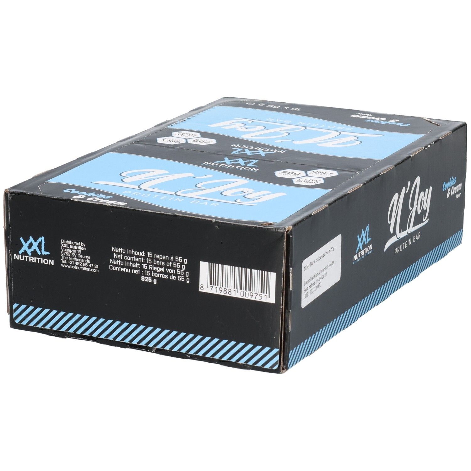 Boîte de barres protéinées. Inscription: XXL Nutrition, N'Joy Protein Bar Cookies & Cream. Accents bleus et blancs. Code-barres.