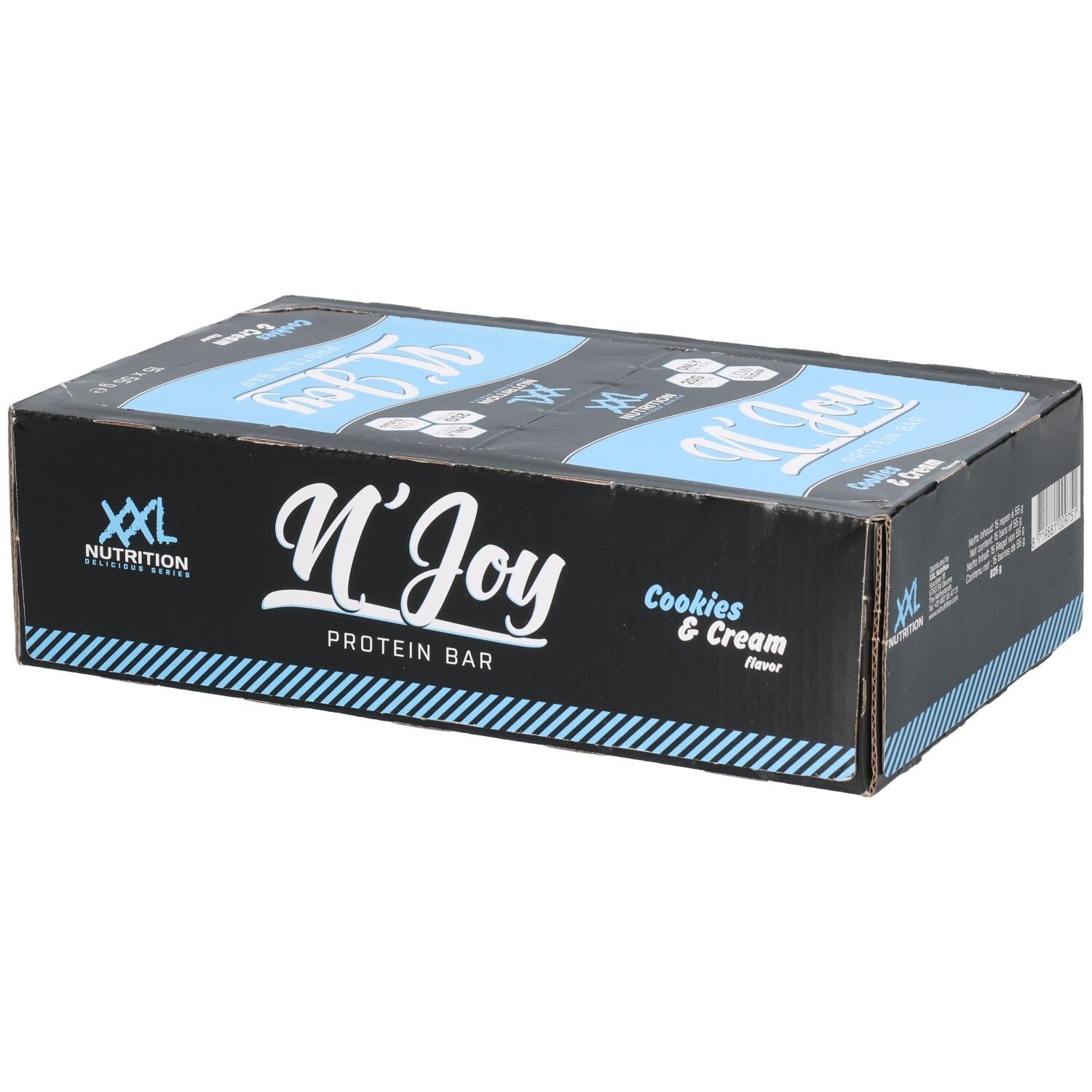 Boîte de barres protéinées. Inscription: XXL Nutrition, N'Joy Protein Bar Cookies & Cream. Accents bleus et blancs.
