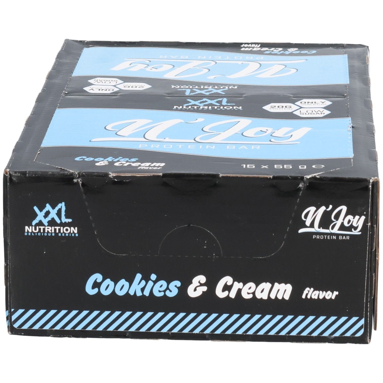 Boîte de barres protéinées. Inscription: XXL Nutrition, N'Joy Protein Bar Cookies & Cream. Accents bleus et blancs. 16 barres.