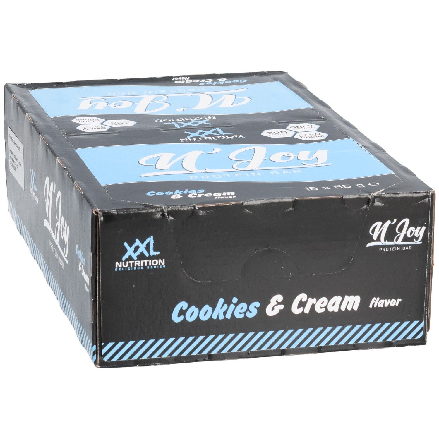Boîte de barres protéinées. Inscription: XXL Nutrition, N'Joy Protein Bar Cookies & Cream. Accents bleus et blancs. 16 barres.