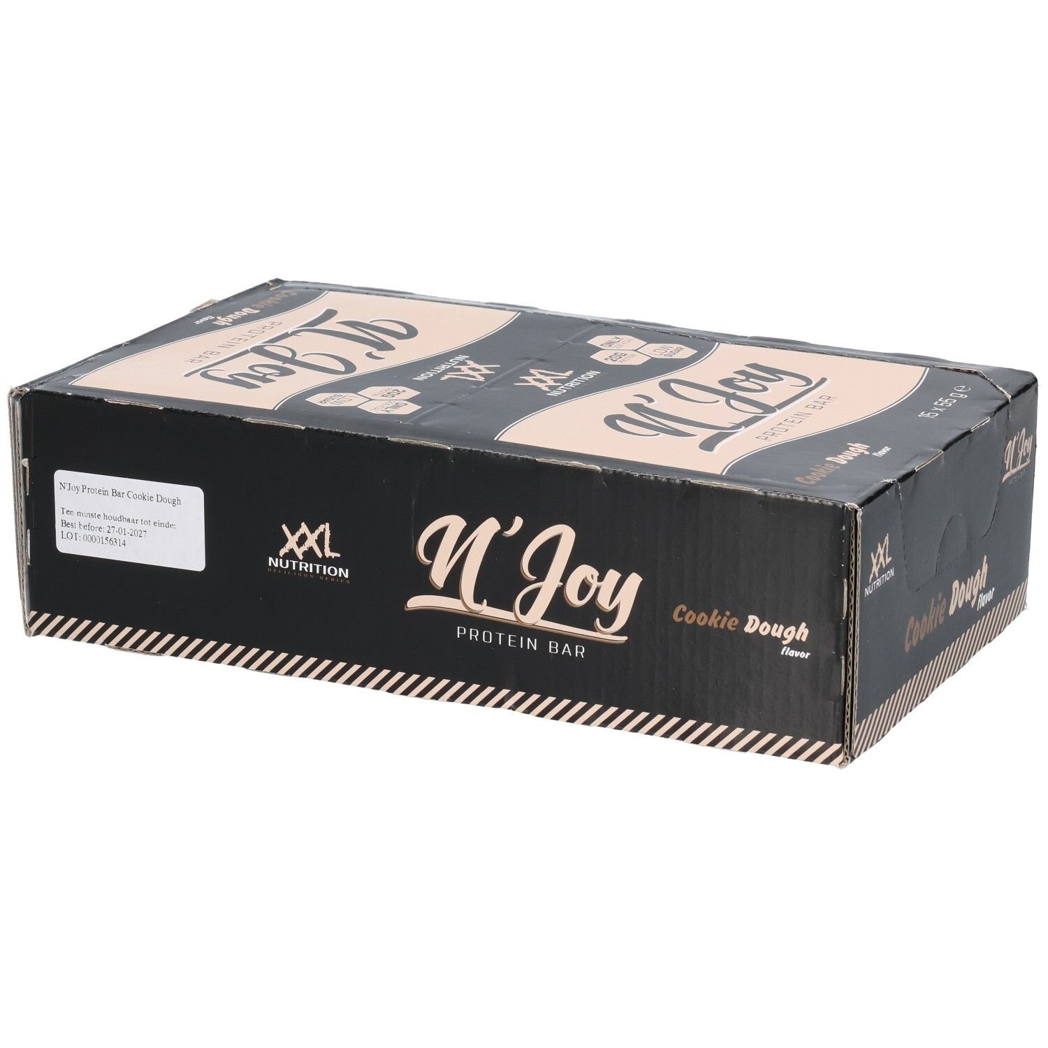 Boîte noire de barres protéinées. Inscription: N'Joy Protein Bar Cookie Dough. Marque: XXL Nutrition. 16 barres.
