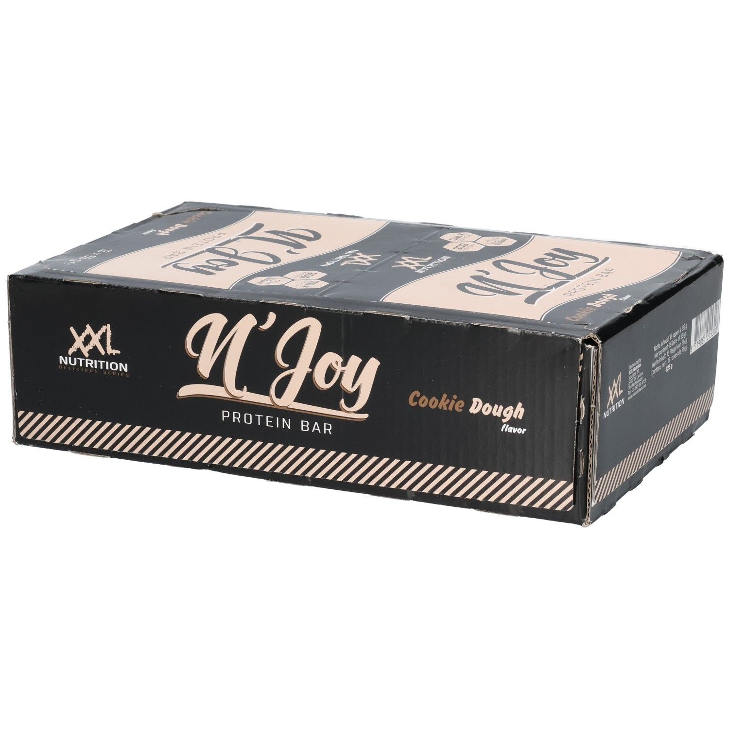 Boîte noire de barres protéinées. Inscription: N'Joy Protein Bar Cookie Dough. Marque: XXL Nutrition. 16 barres.