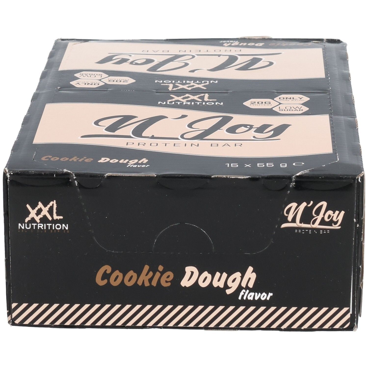 Boîte noire de barres protéinées. Inscription: N'Joy Protein Bar Cookie Dough. Marque: XXL Nutrition. 16 barres.