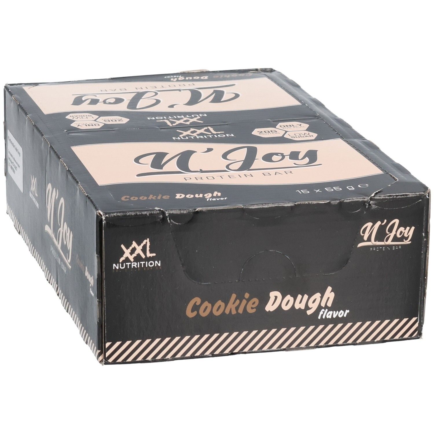 Boîte noire de barres protéinées. Inscription: N'Joy Protein Bar Cookie Dough. Marque: XXL Nutrition. 16 barres.