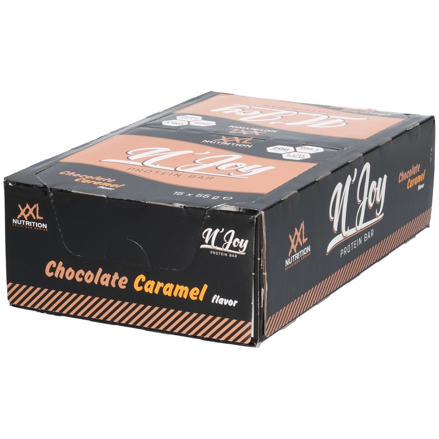 Boîte noire de barres protéinées XXL Nutrition N'Joy Chocolate Caramel. Inscription : N'Joy Protein Bar, 16 x 55g.