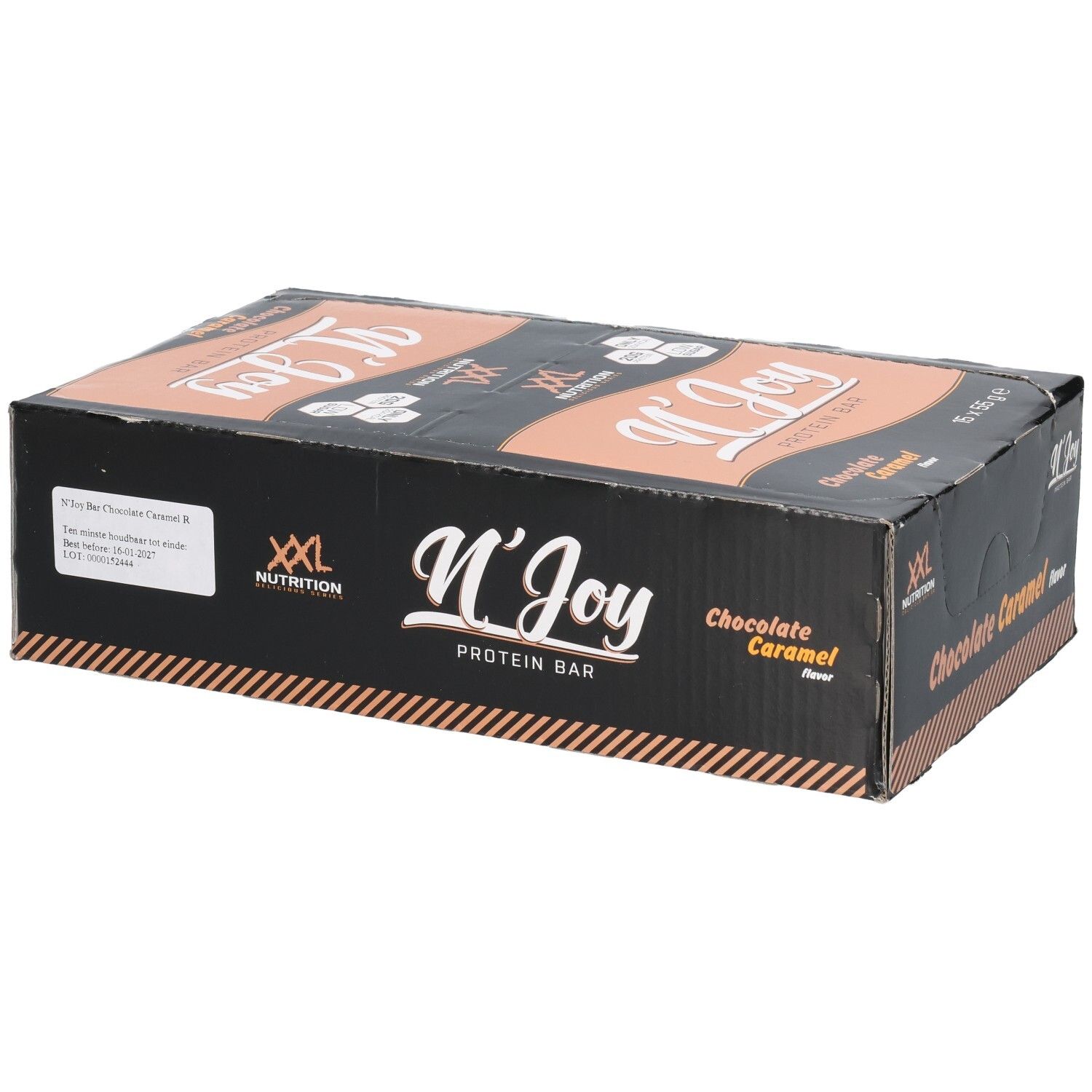 Boîte noire de barres protéinées XXL Nutrition N'Joy Chocolate Caramel. Inscription : N'Joy Protein Bar, saveur Chocolate Caramel.