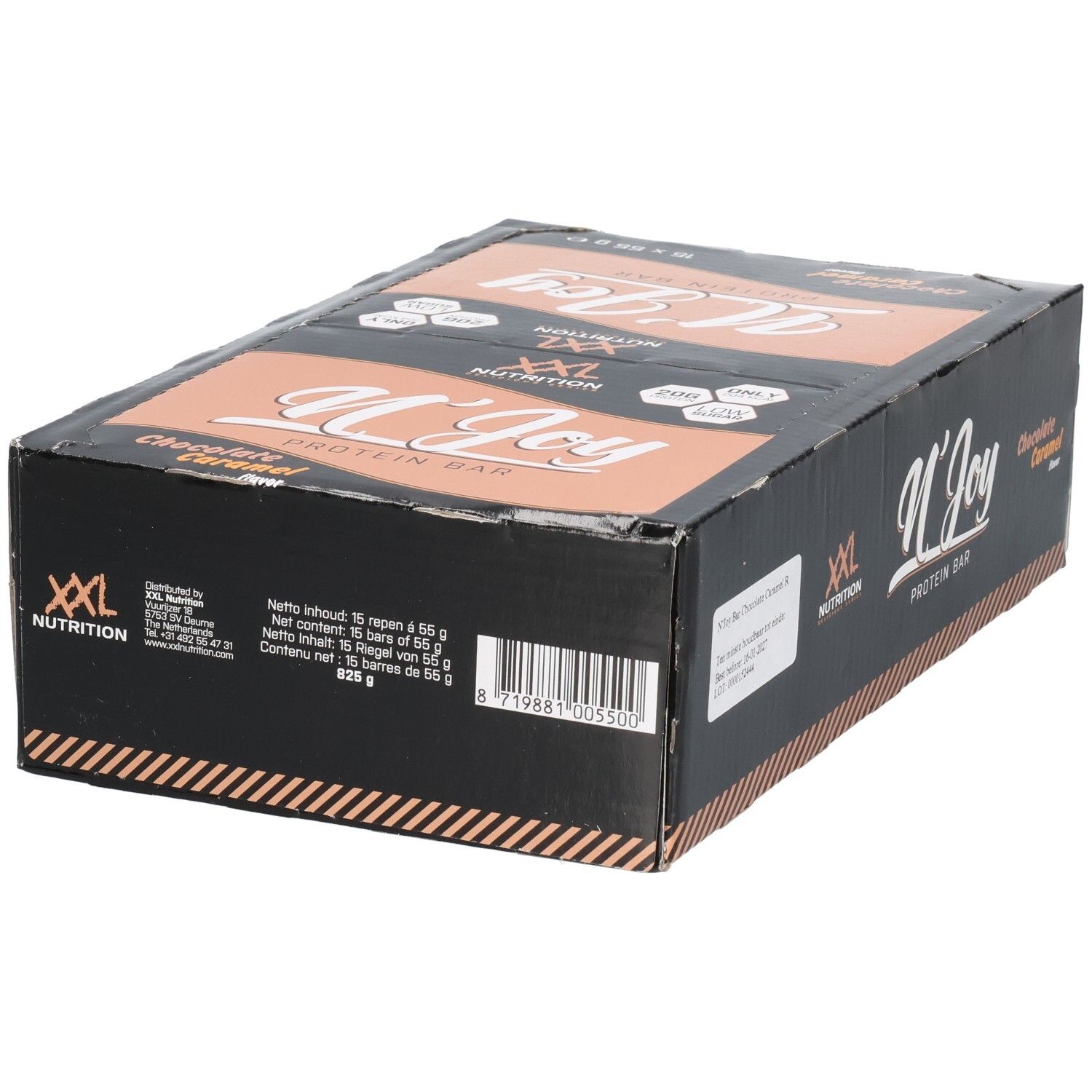 Boîte noire de barres protéinées XXL Nutrition N'Joy Chocolate Caramel. Inscription : N'Joy Protein Bar, code-barres et informations.