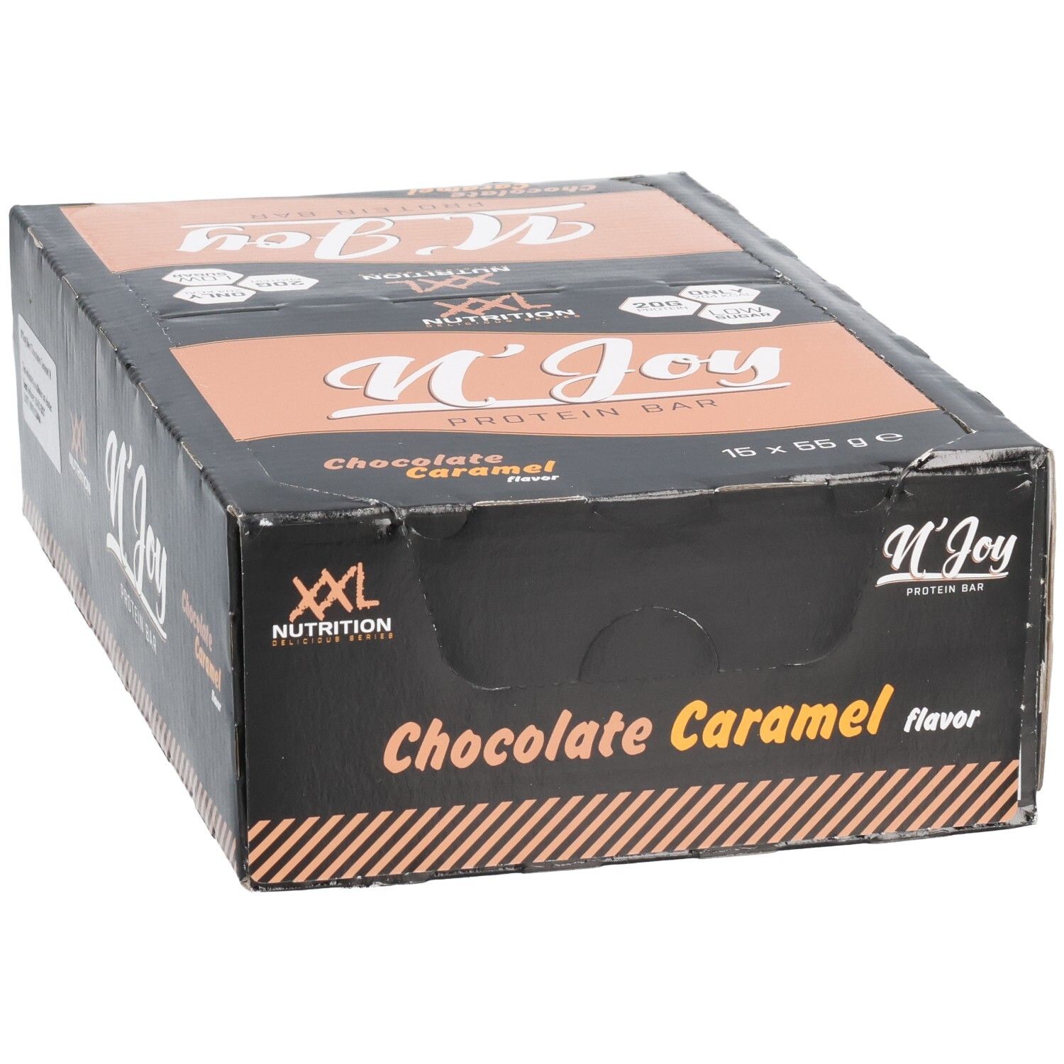 Boîte noire de barres protéinées XXL Nutrition N'Joy Chocolate Caramel. Inscription : N'Joy Protein Bar, 16 x 55g, saveur.
