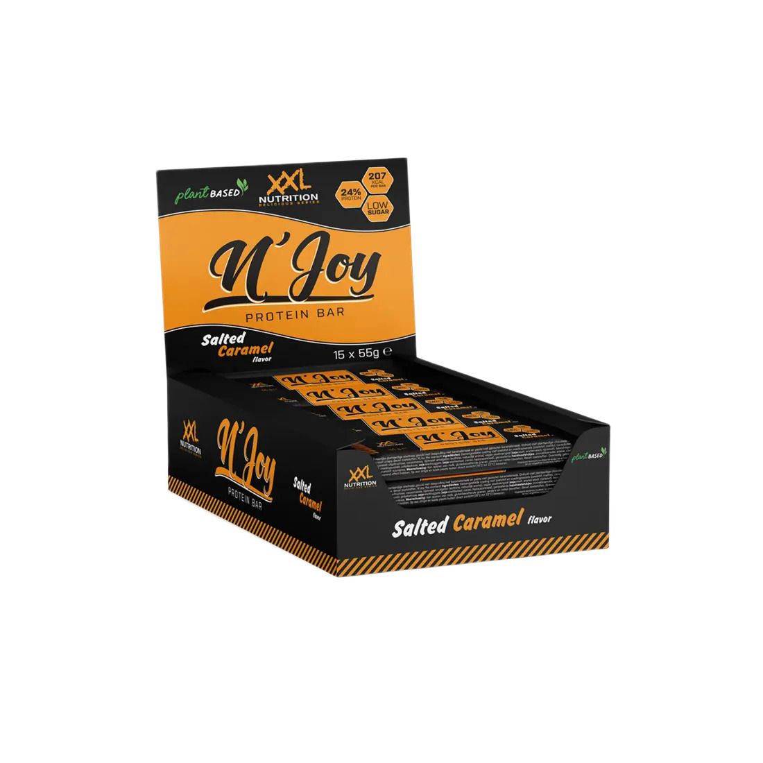 Boîte ouverte avec barres protéinées. Inscription: N'Joy Protein Bar, Salted Caramel. Logo XXL Nutrition. Mention Plant Based. 15 barres.
