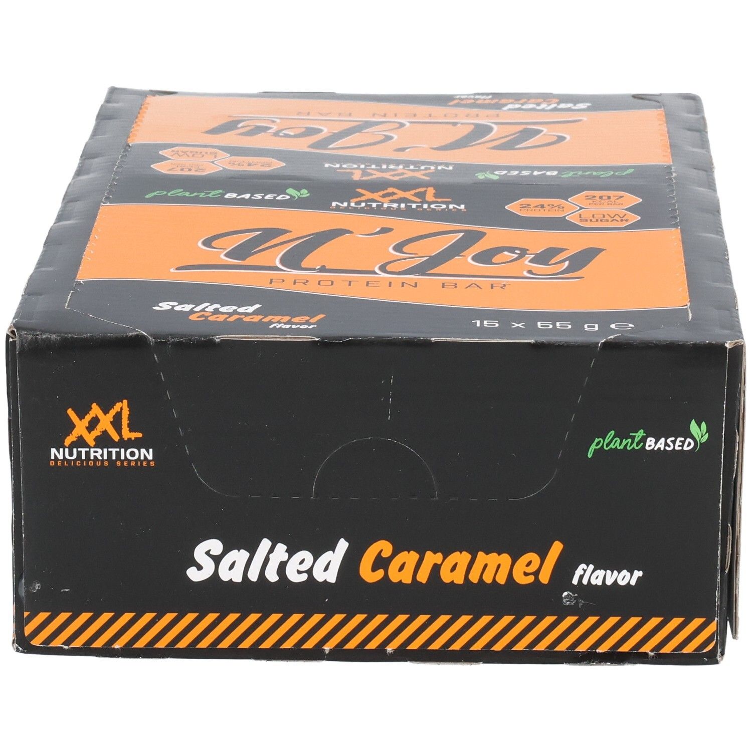 Boîte noire et orange. Inscription: N'Joy Protein Bar, Salted Caramel. Logo XXL Nutrition. Mention Plant Based. 15 x 55g.