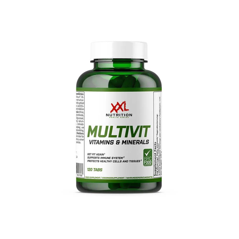 Flacon vert, bouchon blanc. Inscription: XXL Nutrition, Multivit, Vitamines & Minerals. 120 comprimés.