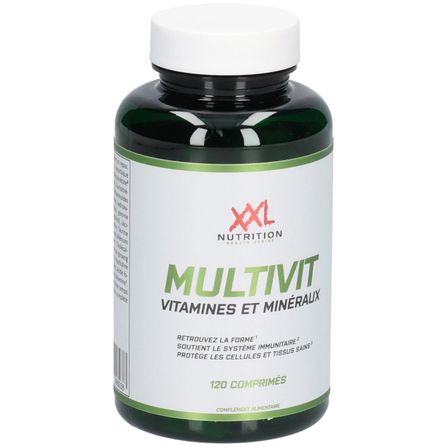 Flacon vert, bouchon blanc. Inscription: XXL Nutrition, Multivit, Vitamines et minéraux. 120 comprimés.