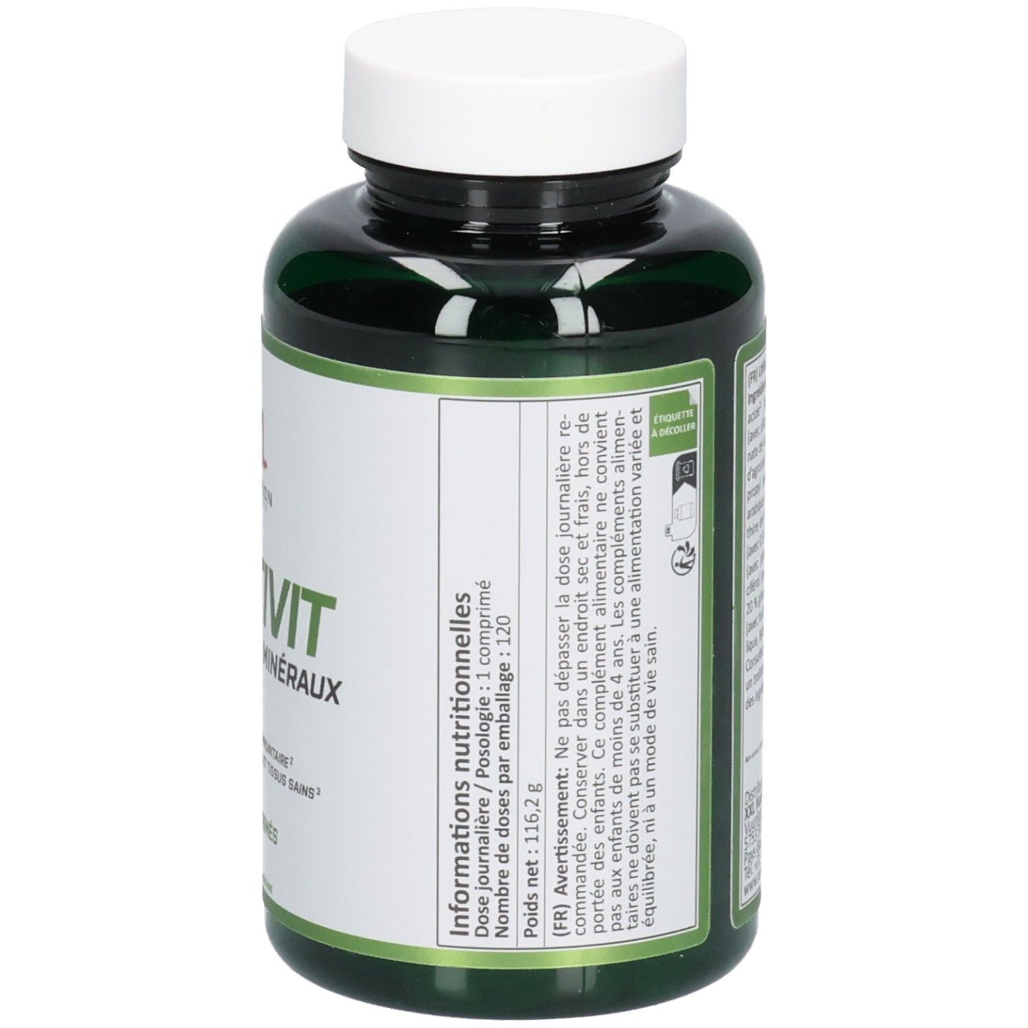 Flacon vert, bouchon blanc. Inscription: XXL Nutrition, Multivit, Vitamines et minéraux. 120 comprimés.