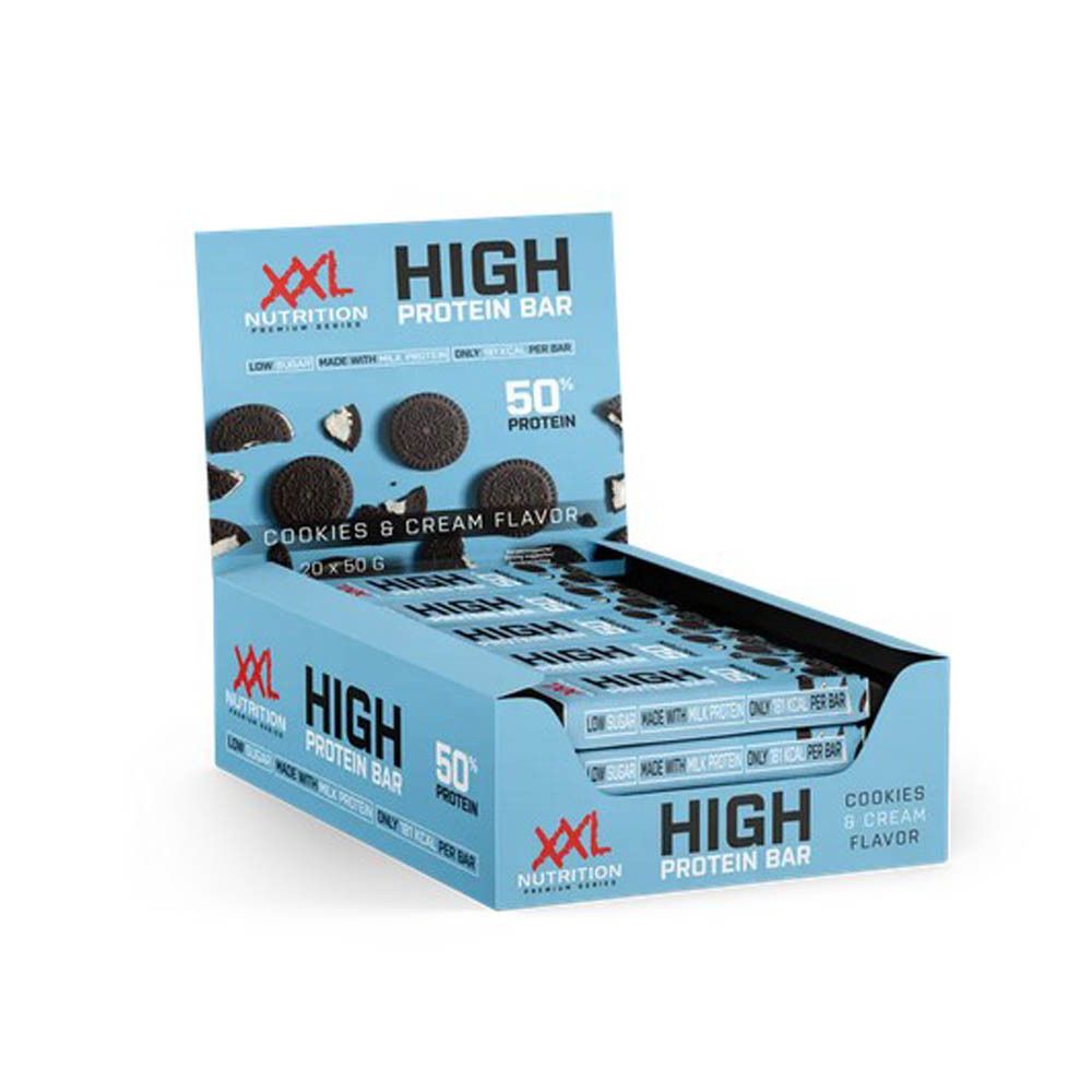 Boîte bleu clair ouverte avec barres protéinées. Inscription : Cookies & Cream Flavor, 50% de protéines. Barres visibles.