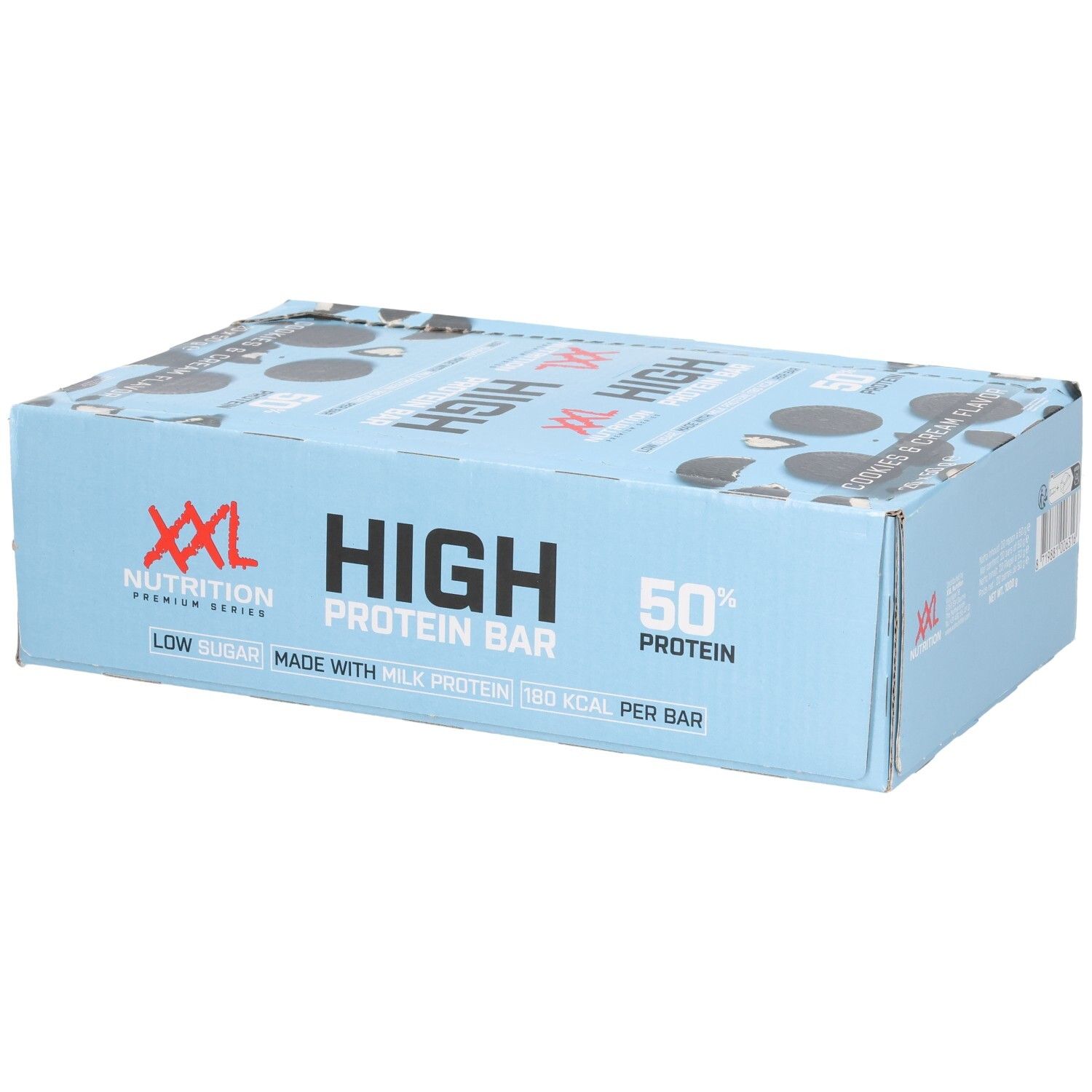 Boîte bleu clair XXL Nutrition High Protein Bar. Inscription : Cookies & Cream Flavor, High Protein Bar, 50% de protéines.