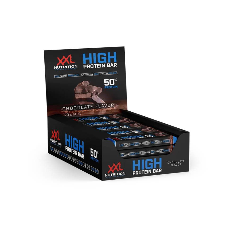 Présentoir de barres protéinées XXL Nutrition. Inscription: High Protein Bar, 50% de protéines, Chocolate Flavor.
