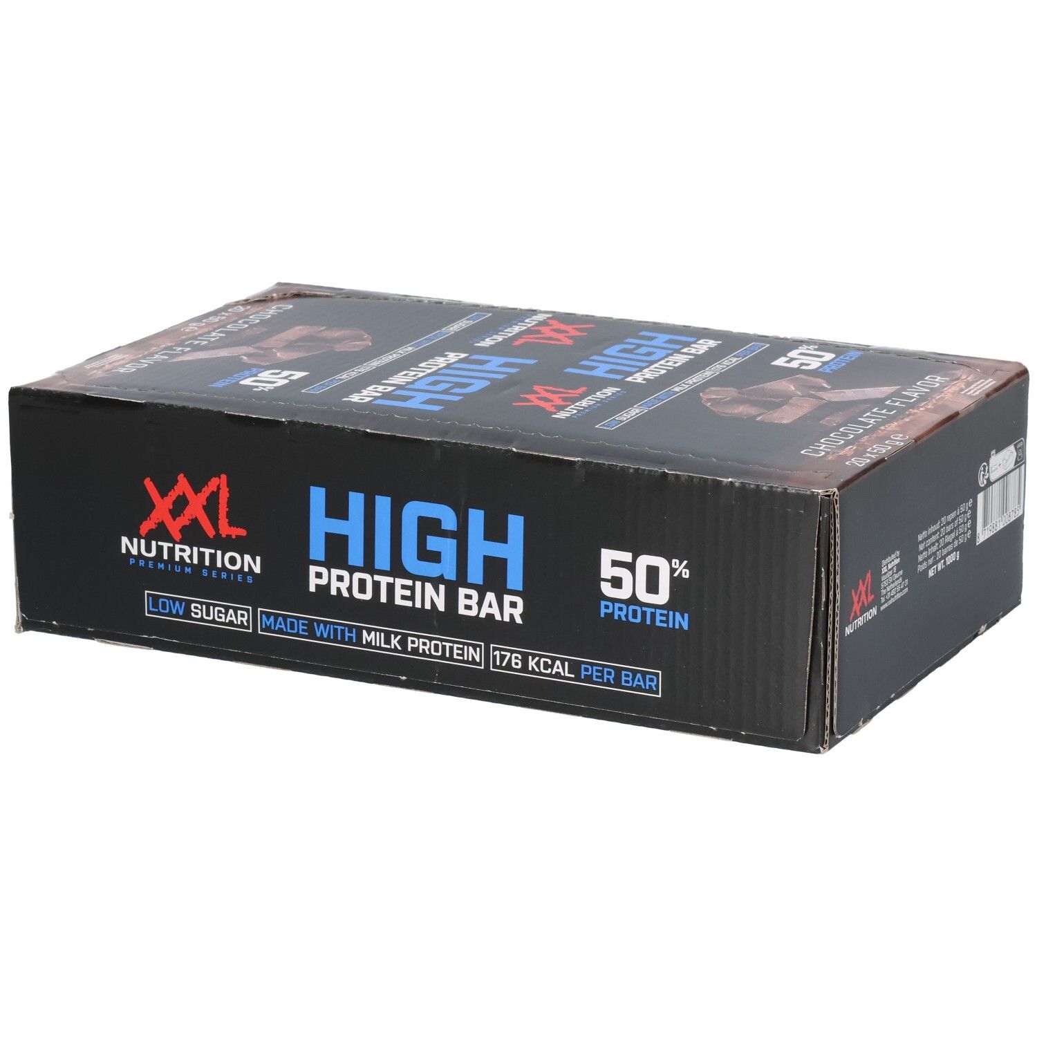 Boîte noire de barres protéinées XXL Nutrition. Inscription: Chocolate Flavor, High Protein Bar, 50% de protéines.