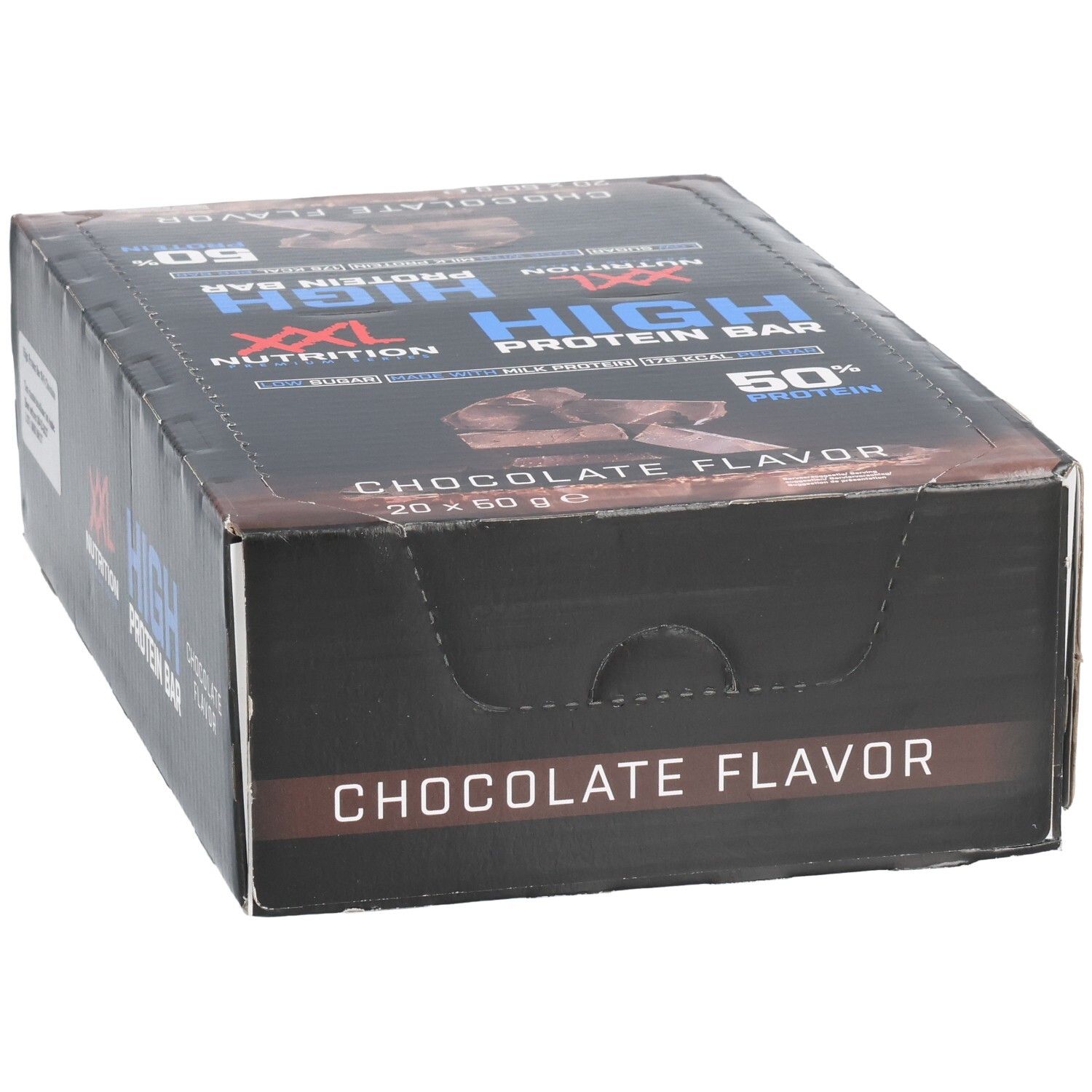 Boîte noire de barres protéinées XXL Nutrition. Inscription: Chocolate Flavor, High Protein Bar, 50% de protéines.