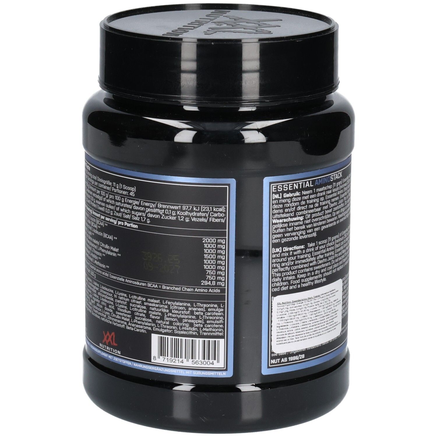 Pot noir, dos avec informations produit. Texte: Essential Amino Stack, informations nutritionnelles, ingrédients, XXL Nutrition.