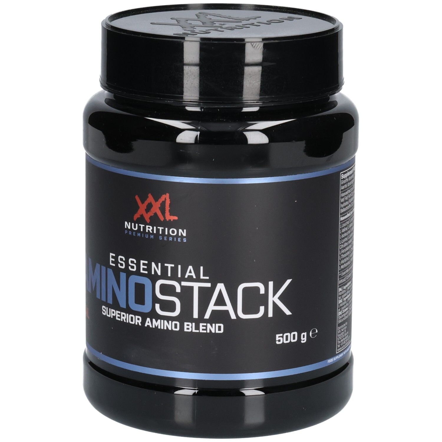 Pot noir avec le nom du produit Essential Amino Stack. Inscription: XXL Nutrition, Superior Amino Blend, 500g.