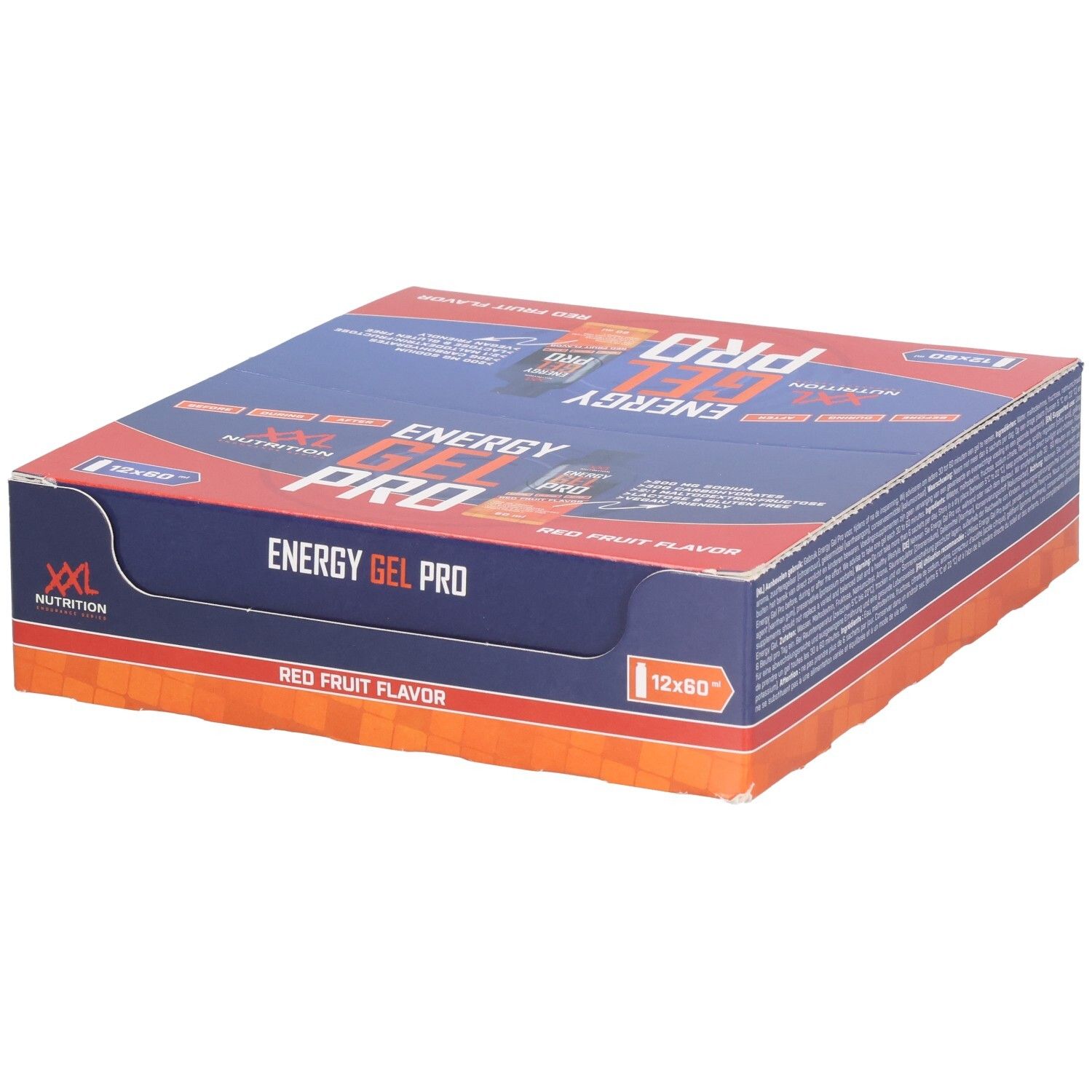 Boîte de Energy Gel Pro. Emballage bleu et rouge. Inscription : Energy Gel Pro, Red Fruit Flavor. 12x60.
