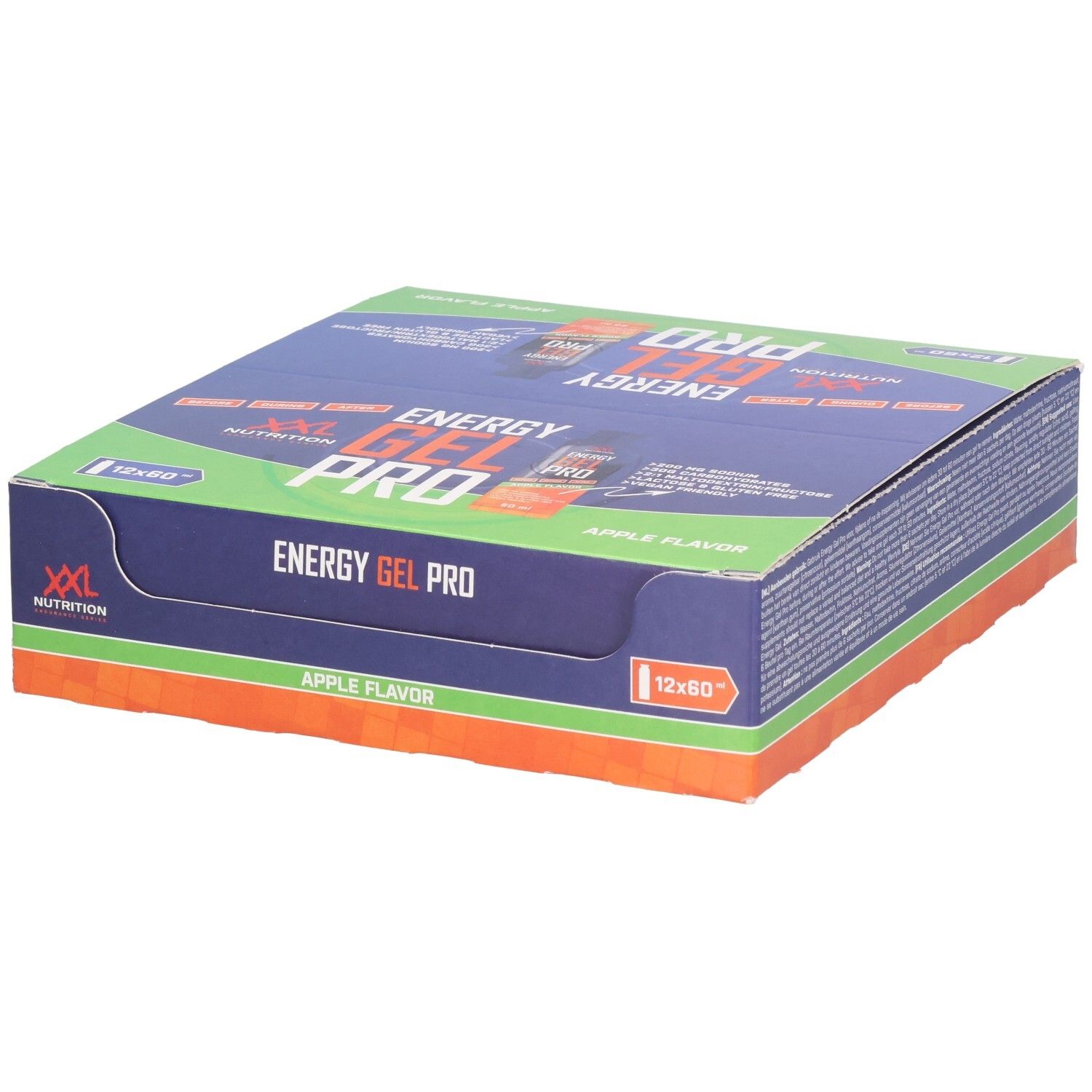Boîte de Energy Gel Pro. Emballage bleu, vert et orange. Inscription: XXL Nutrition, Energy Gel Pro, Apple Flavor.