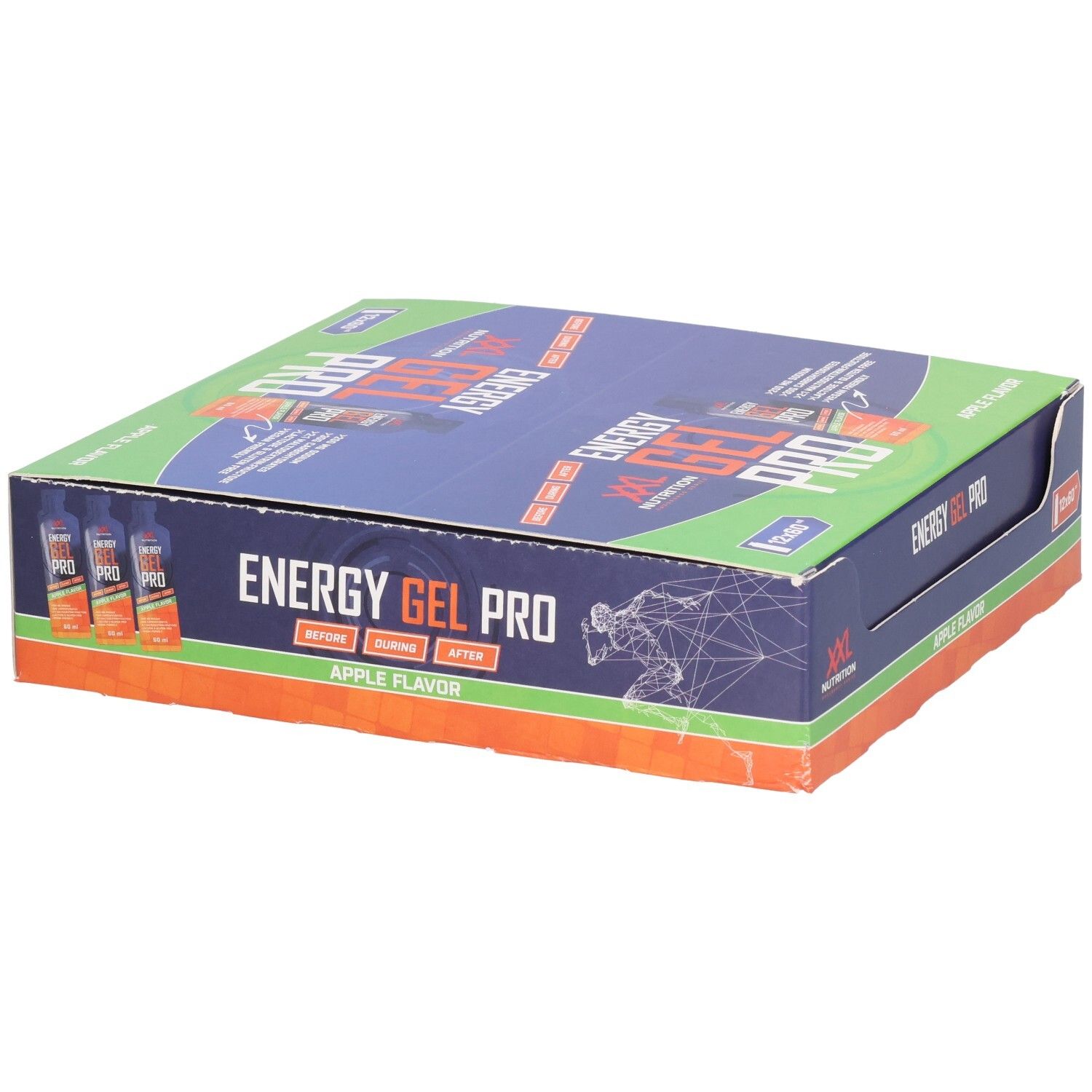 Boîte de Energy Gel Pro. Emballage bleu, vert et orange. Inscription: XXL Nutrition, Energy Gel Pro, Apple Flavor.
