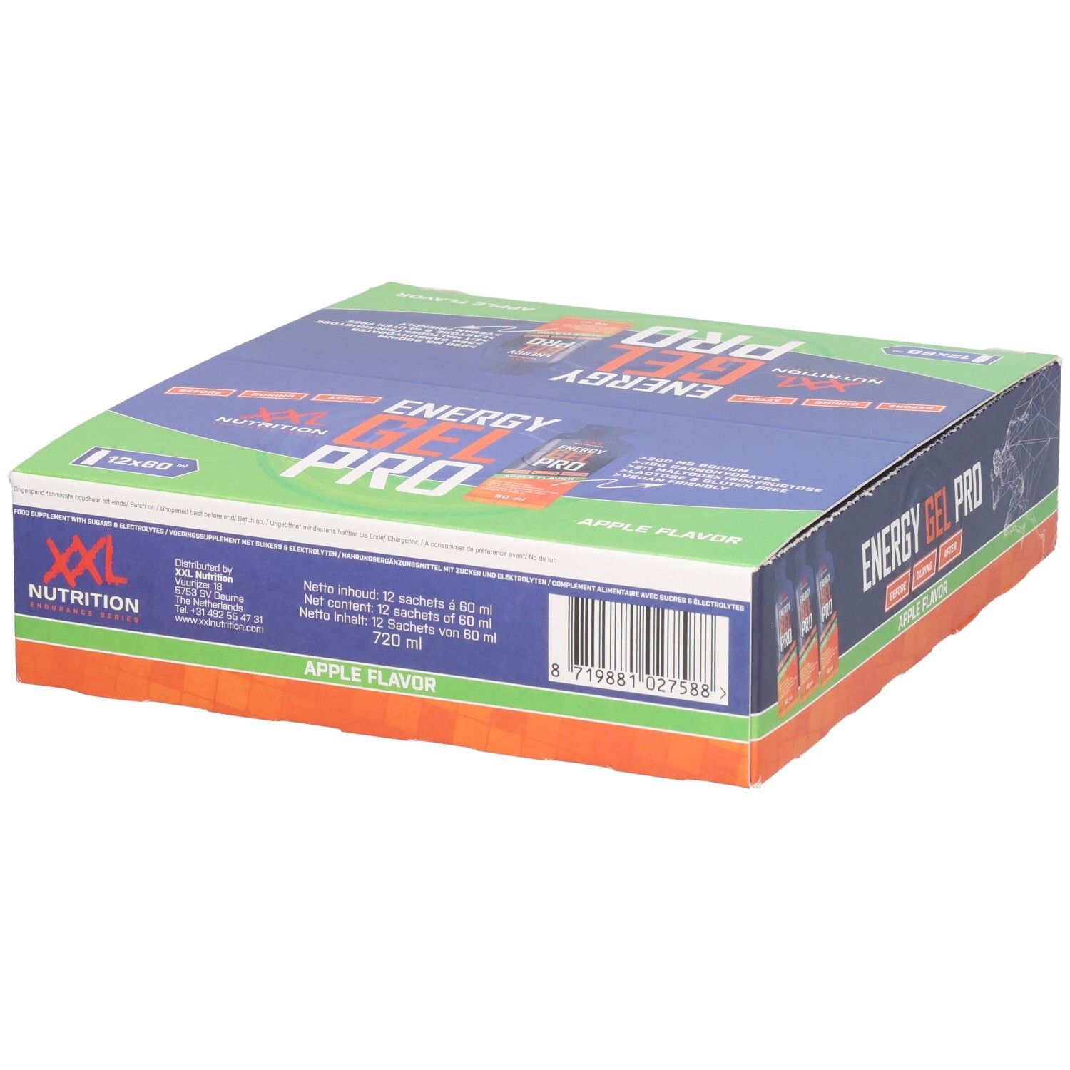 Boîte de Energy Gel Pro. Emballage bleu, vert et orange. Inscription: XXL Nutrition, Energy Gel Pro, Apple Flavor.